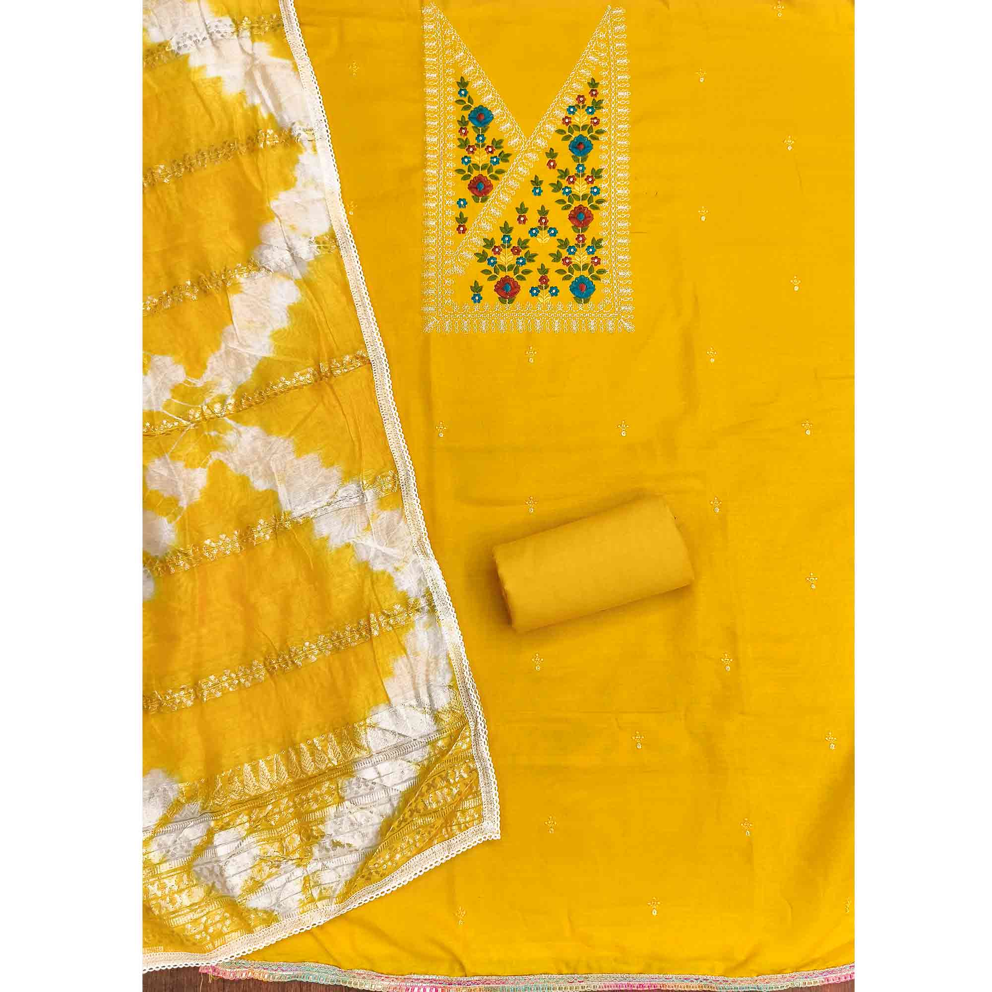 Opulent Grace Yellow Cotton Blend Dress Material Adorned With Floral Thread & Sequins Work