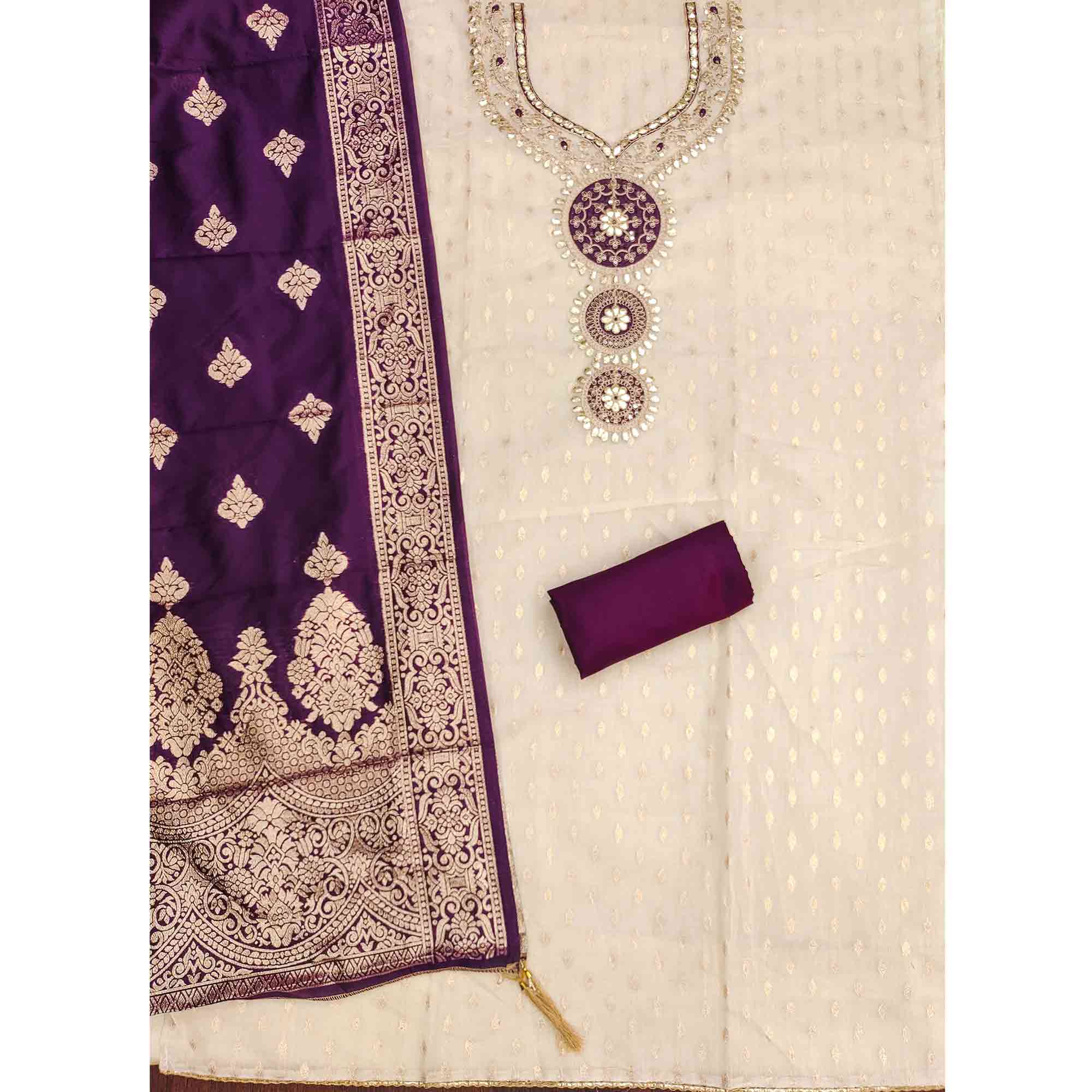 Cream & Purple Shimmer Dress Material Featuring Intricate Zari Weaving With Cording Embroidery