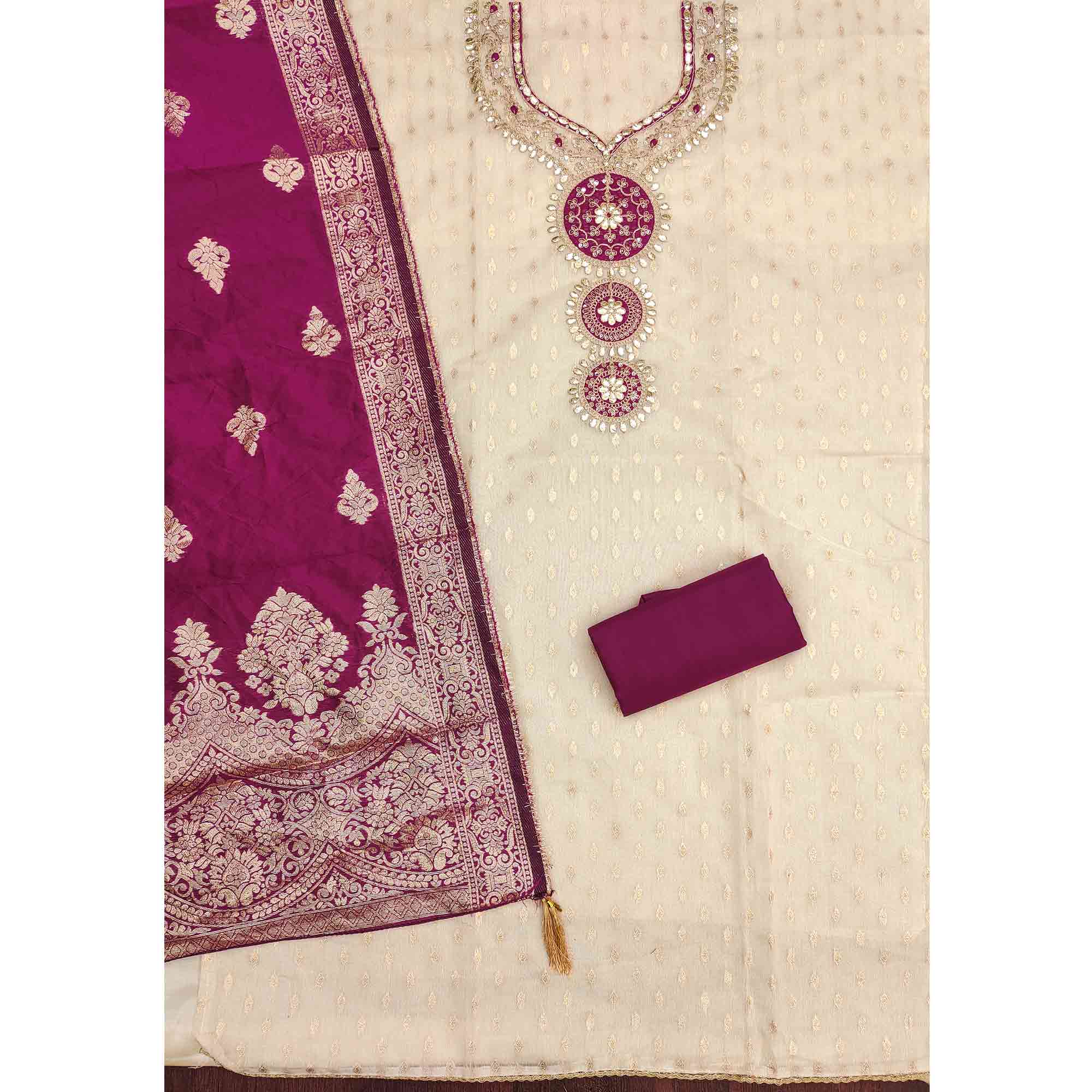 Cream & Wine Shimmer Dress Material Featuring Intricate Zari Weaving With Cording Embroidery