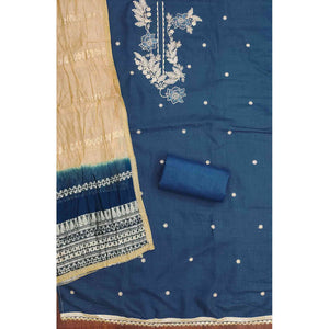 Blue Cotton Blend Dress Material Adorned With Elegant Floral Embroidery & Sequins Detailing