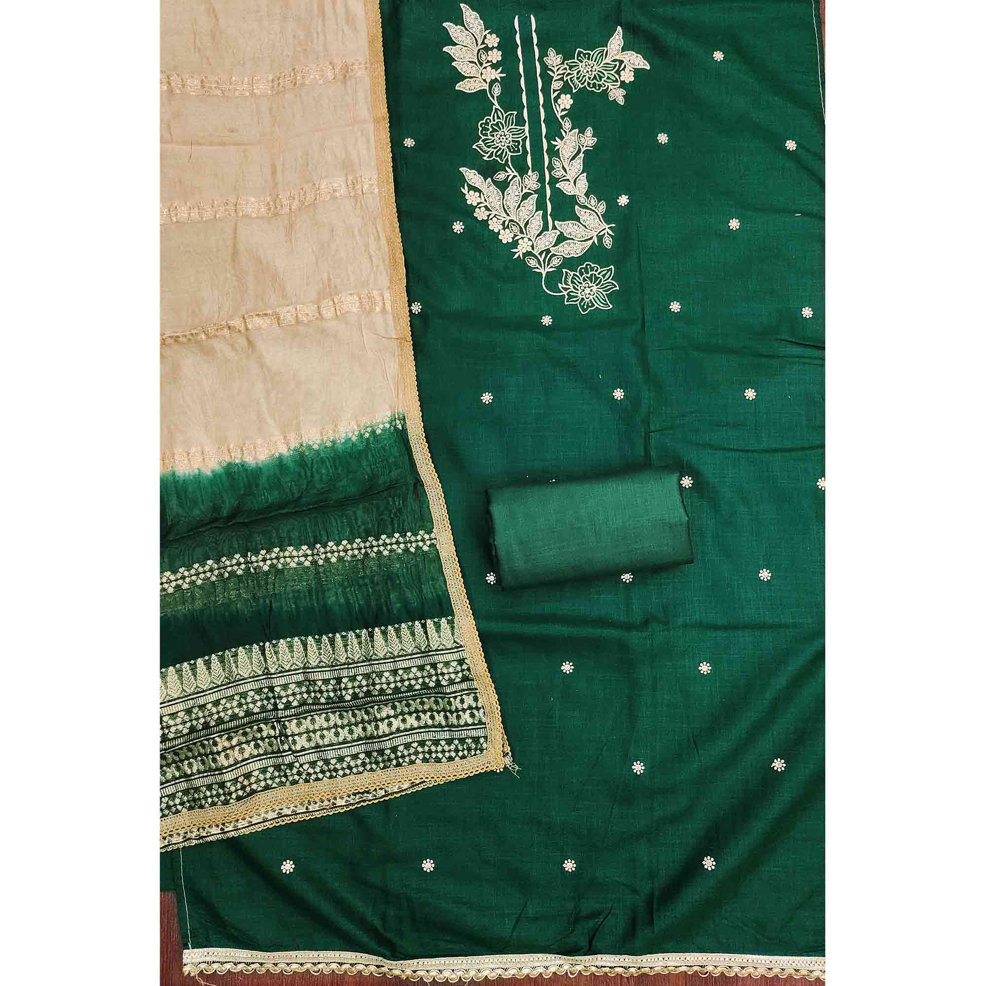 Green Cotton Blend Dress Material Adorned With Elegant Floral Embroidery & Sequins Detailing