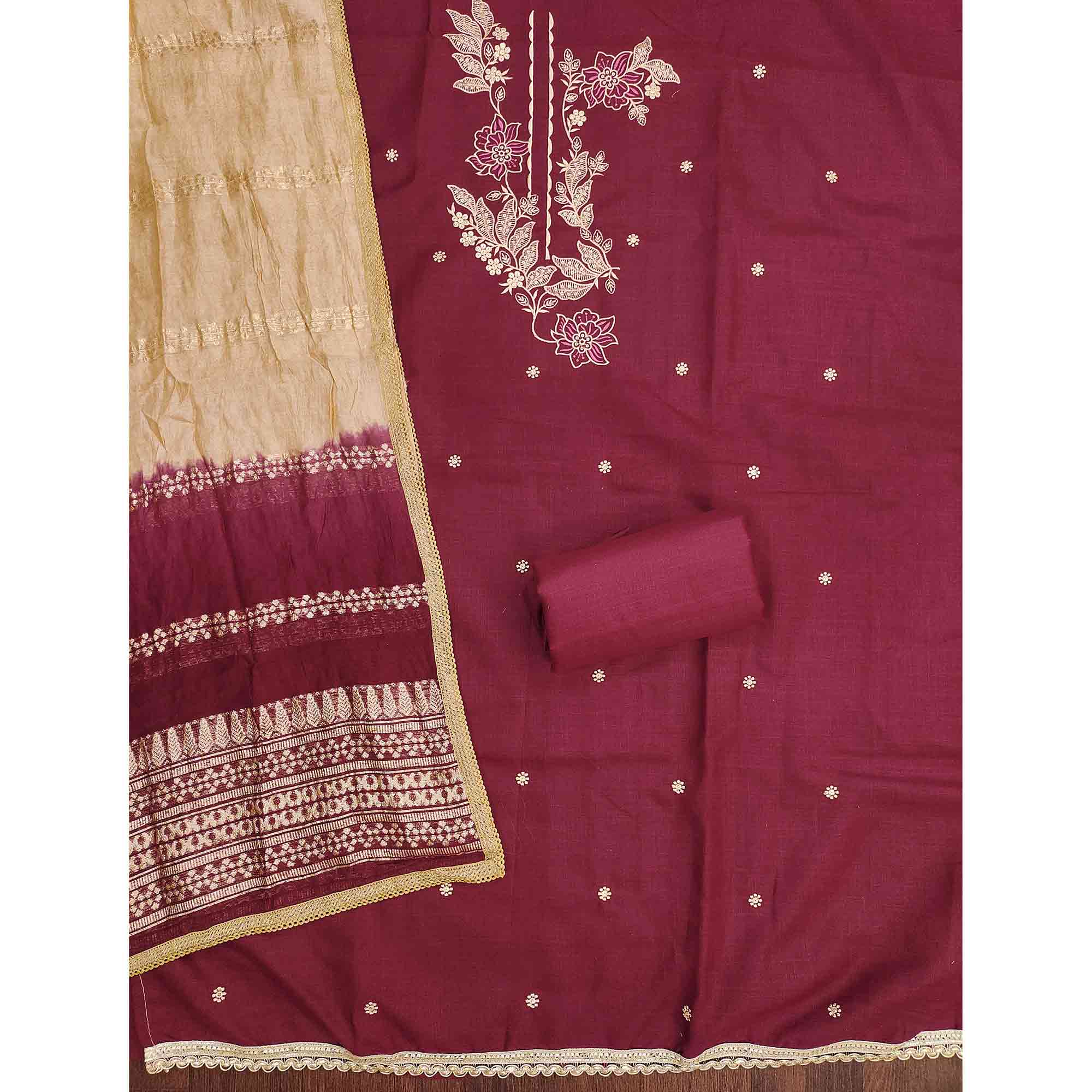 Maroon Cotton Blend Dress Material Adorned With Elegant Floral Embroidery & Sequins Detailing