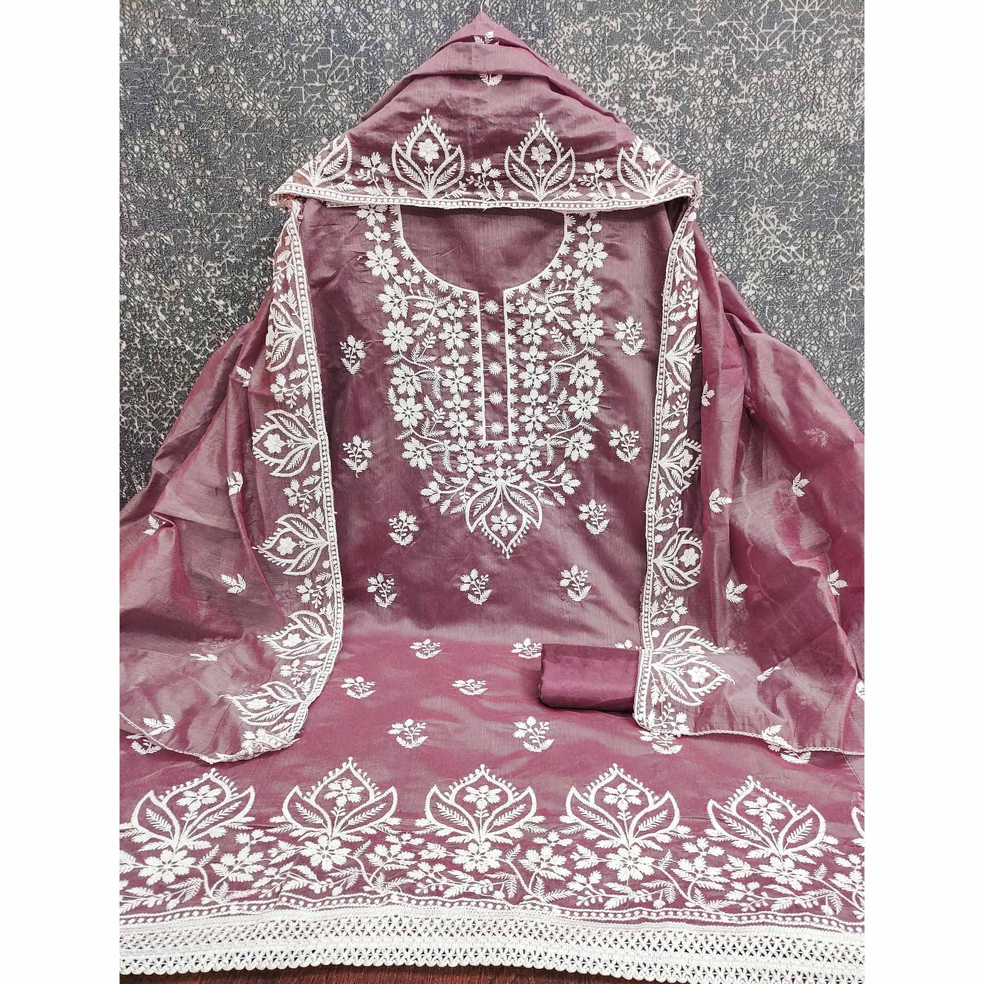 Designer Mauve Floral Thread Embroidered Chanderi Cotton Dress Material