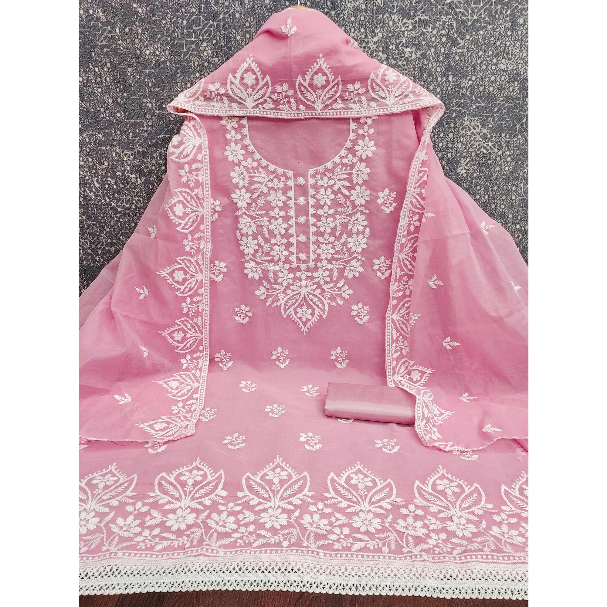 Designer Pink Floral Thread Embroidered Chanderi Cotton Dress Material