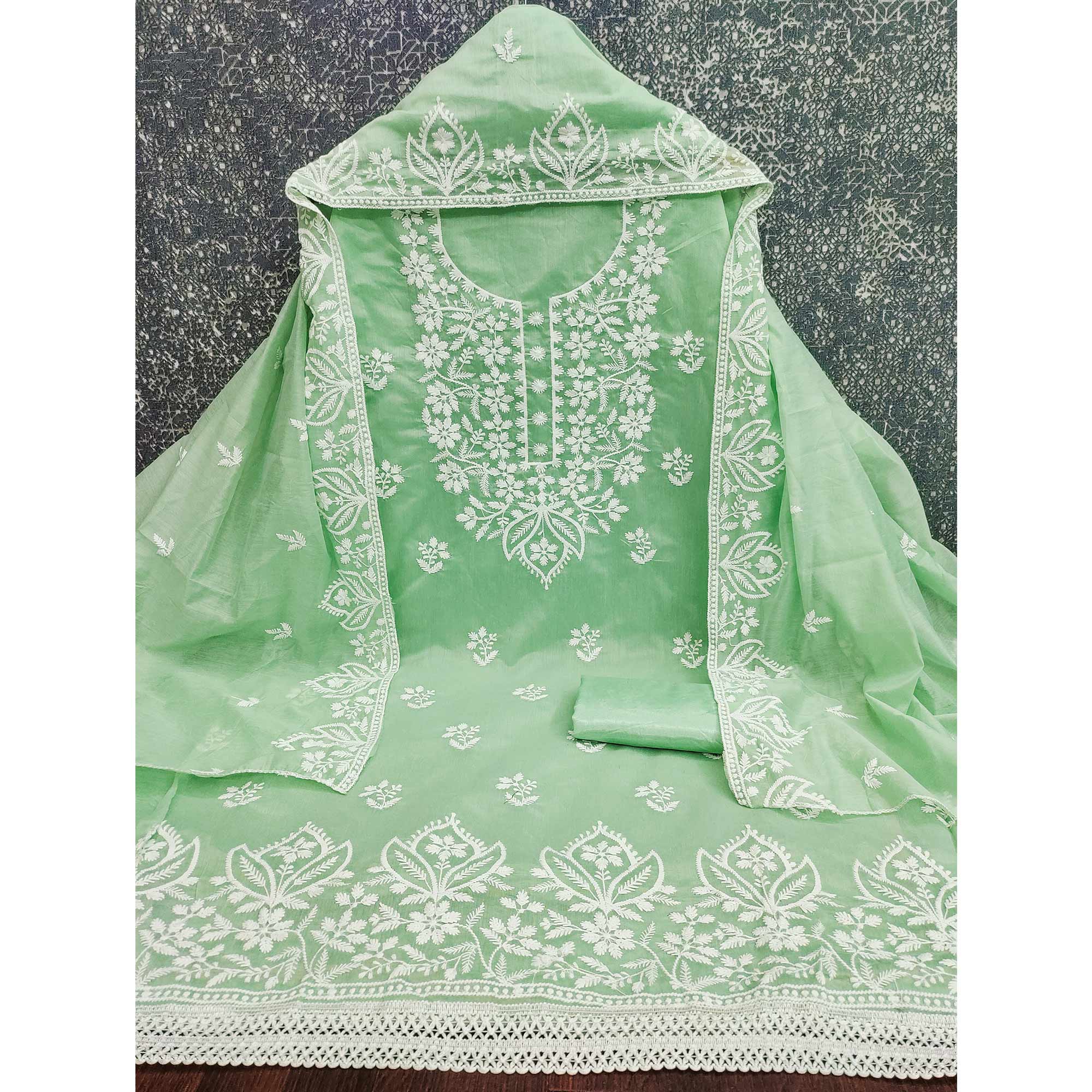 Designer Sea Green Floral Thread Embroidered Chanderi Cotton Dress Material
