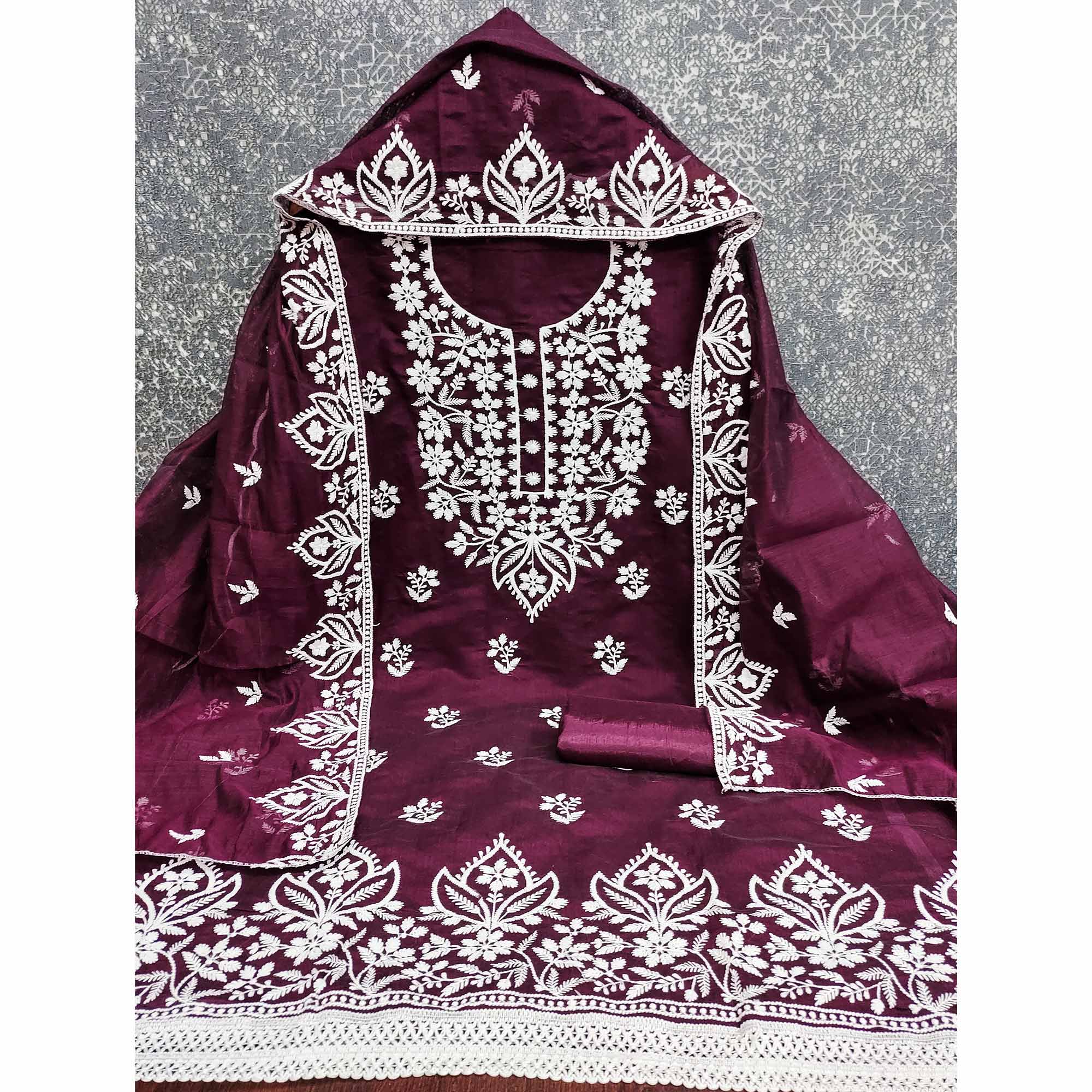 Designer Wine Floral Thread Embroidered Chanderi Cotton Dress Material