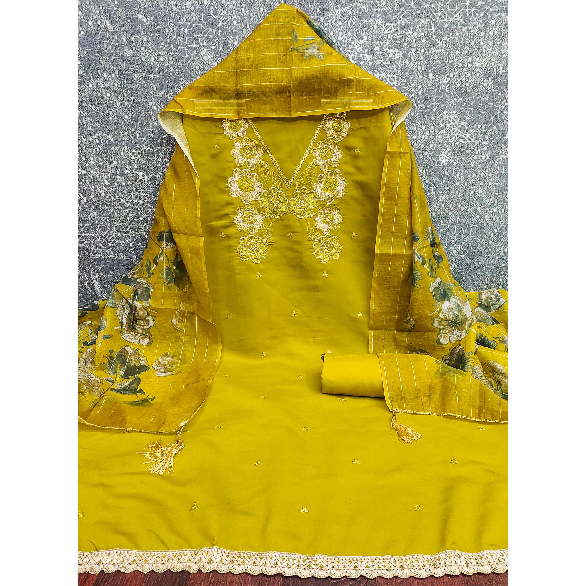 Ethnic Mustard Floral Thread Embroidered Roman Cotton Silk Dress Material With Subtle Sequins Work