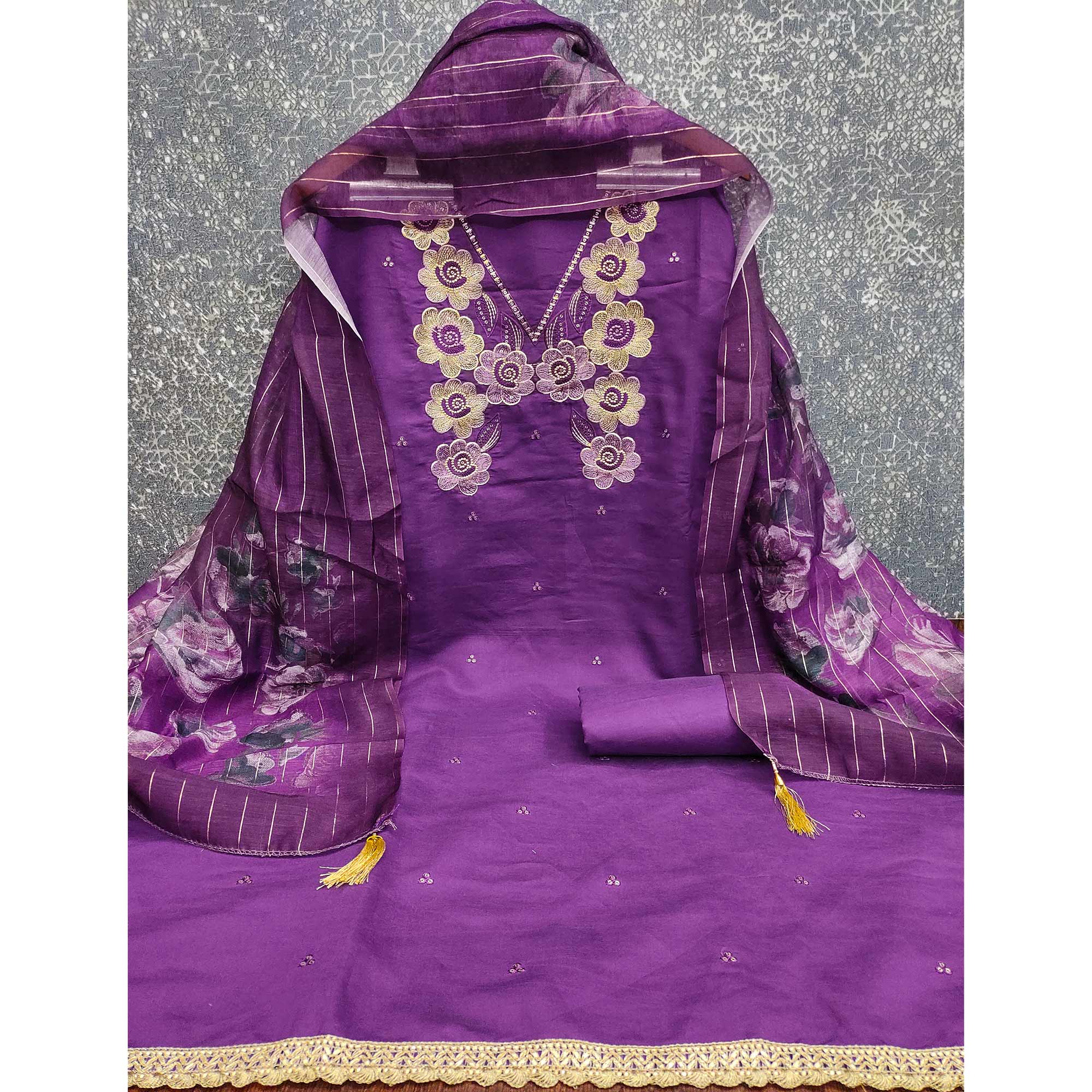 Ethnic Purple Floral Thread Embroidered Roman Cotton Silk Dress Material With Subtle Sequins Work