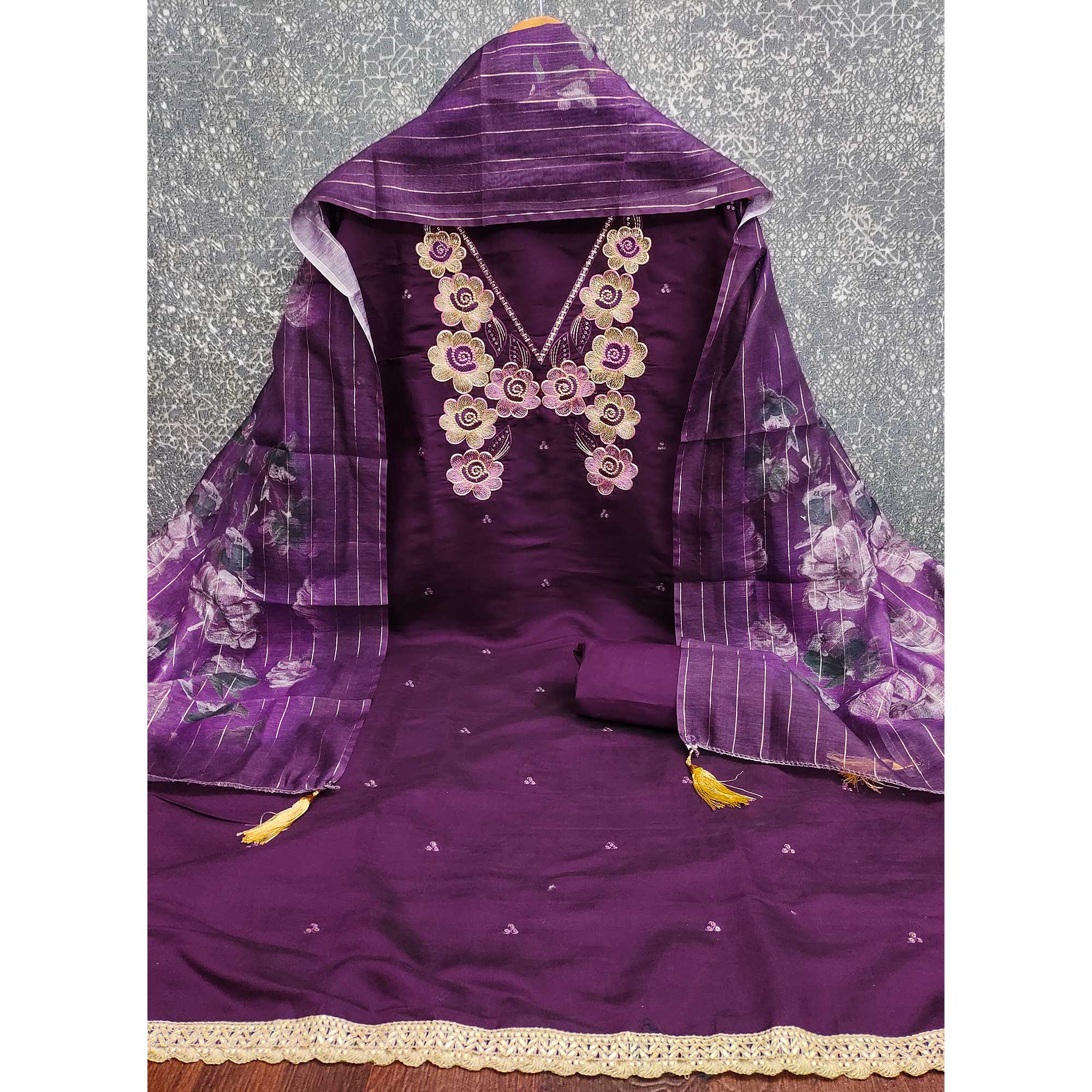 Ethnic Wine Floral Thread Embroidered Roman Cotton Silk Dress Material With Subtle Sequins Work