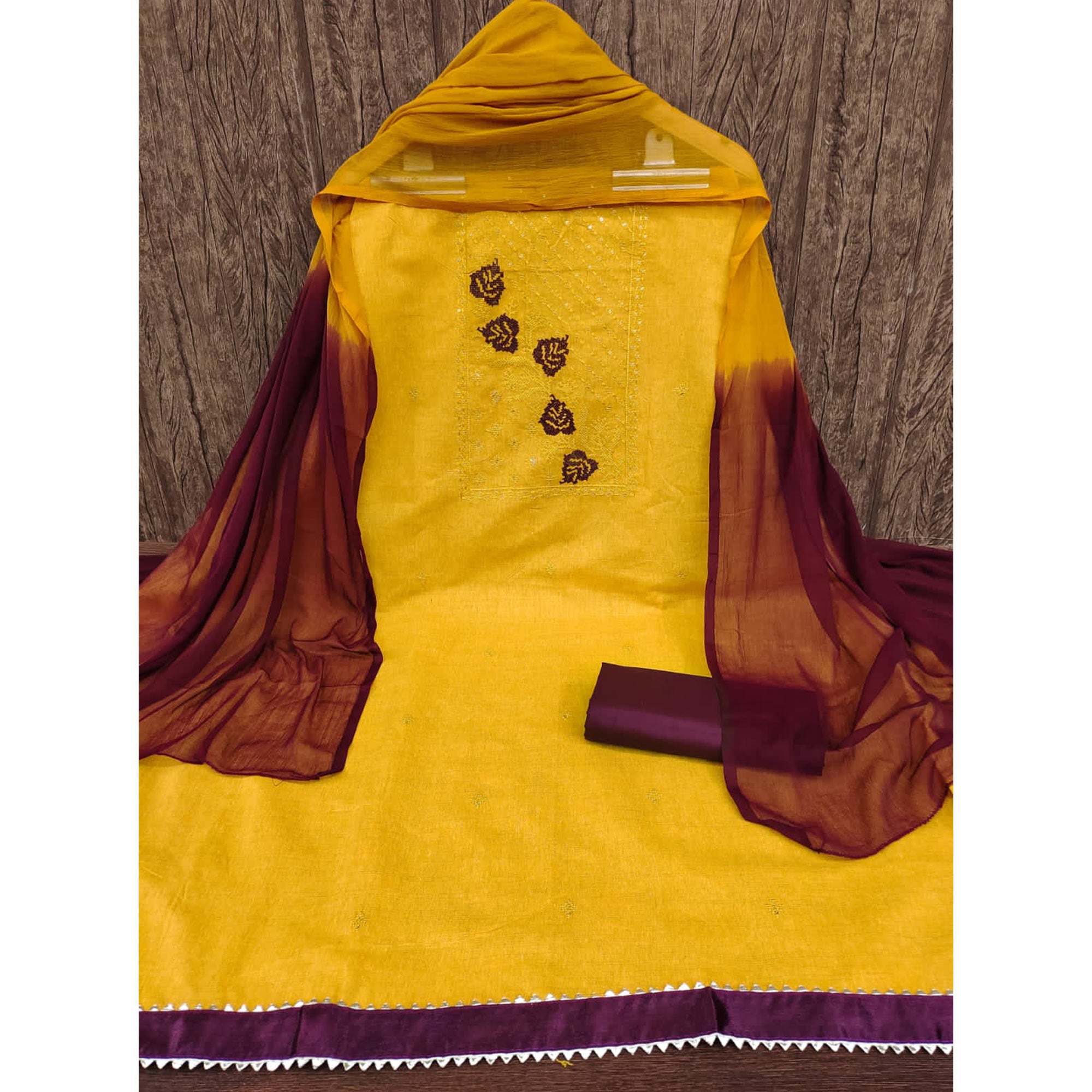 Mustard Cotton Blend Dress Material Featuring Thread Embroidery & Sequins Embellishment