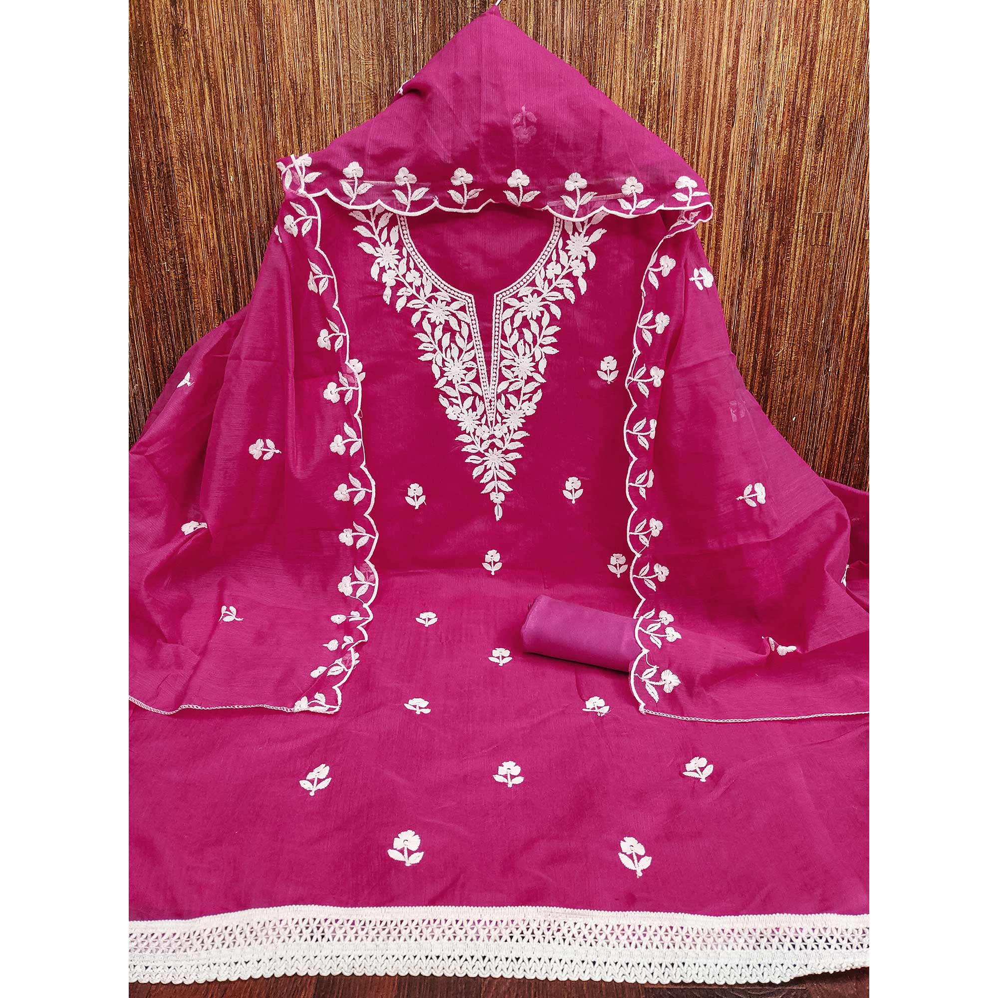 Rani Pink Chanderi Cotton Dress Material With Delicate Floral Thread Embroidery