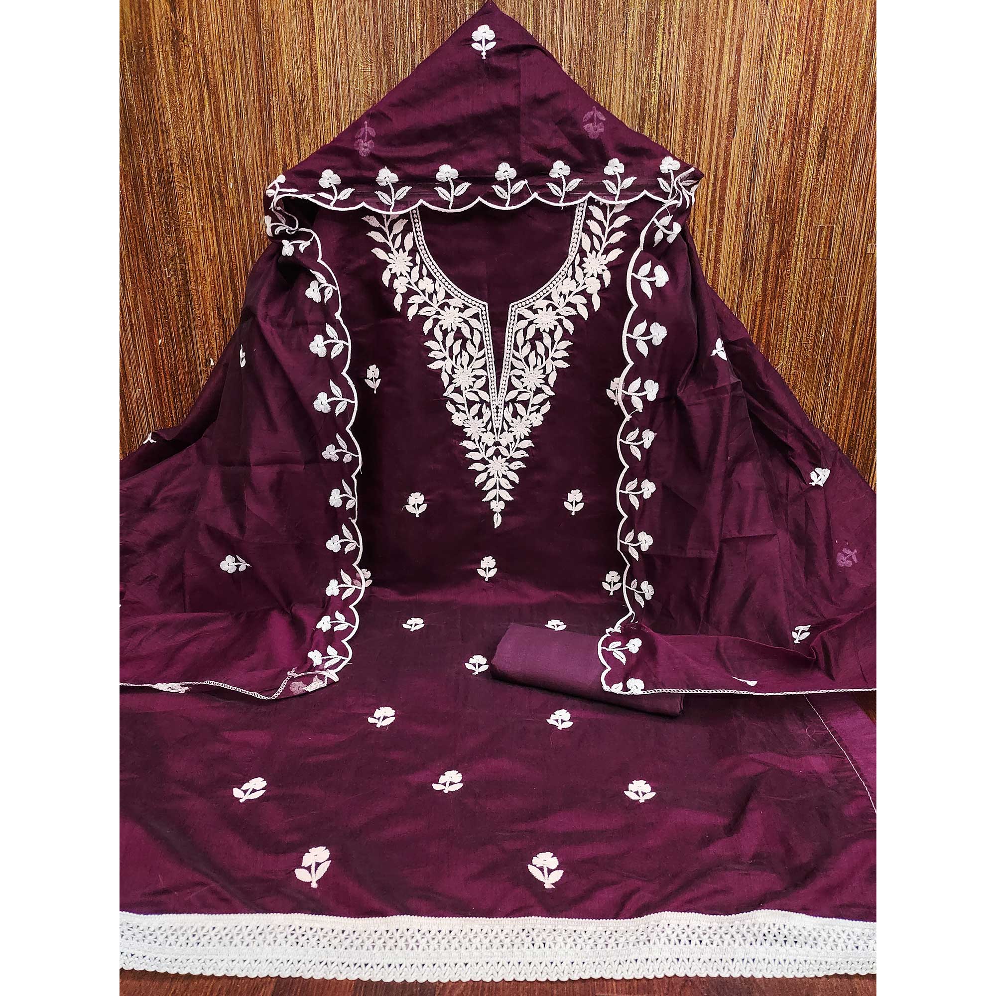 Wine Chanderi Cotton Dress Material With Delicate Floral Thread Embroidery