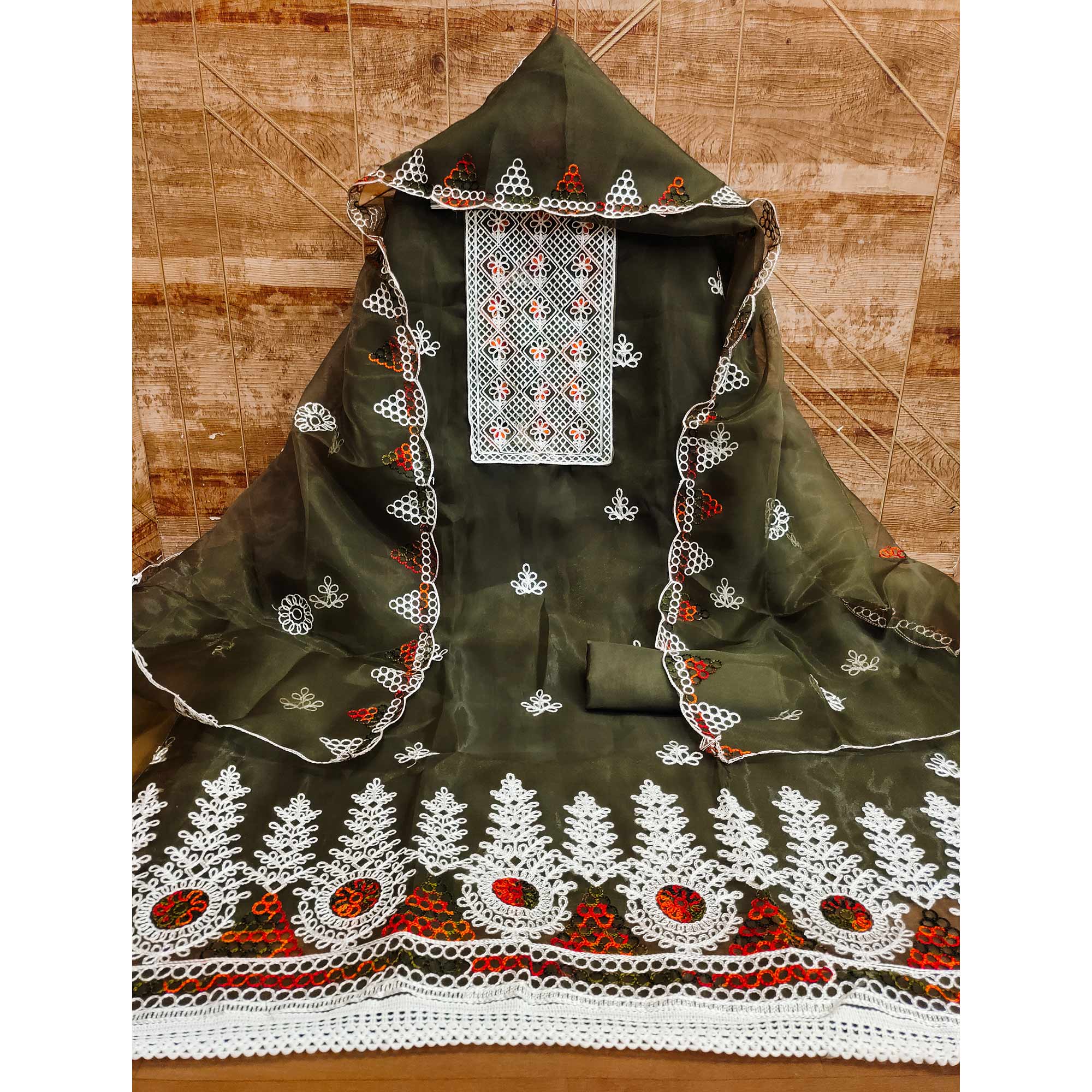 Mehendi Green Floral Embroidered Organza Dress Material