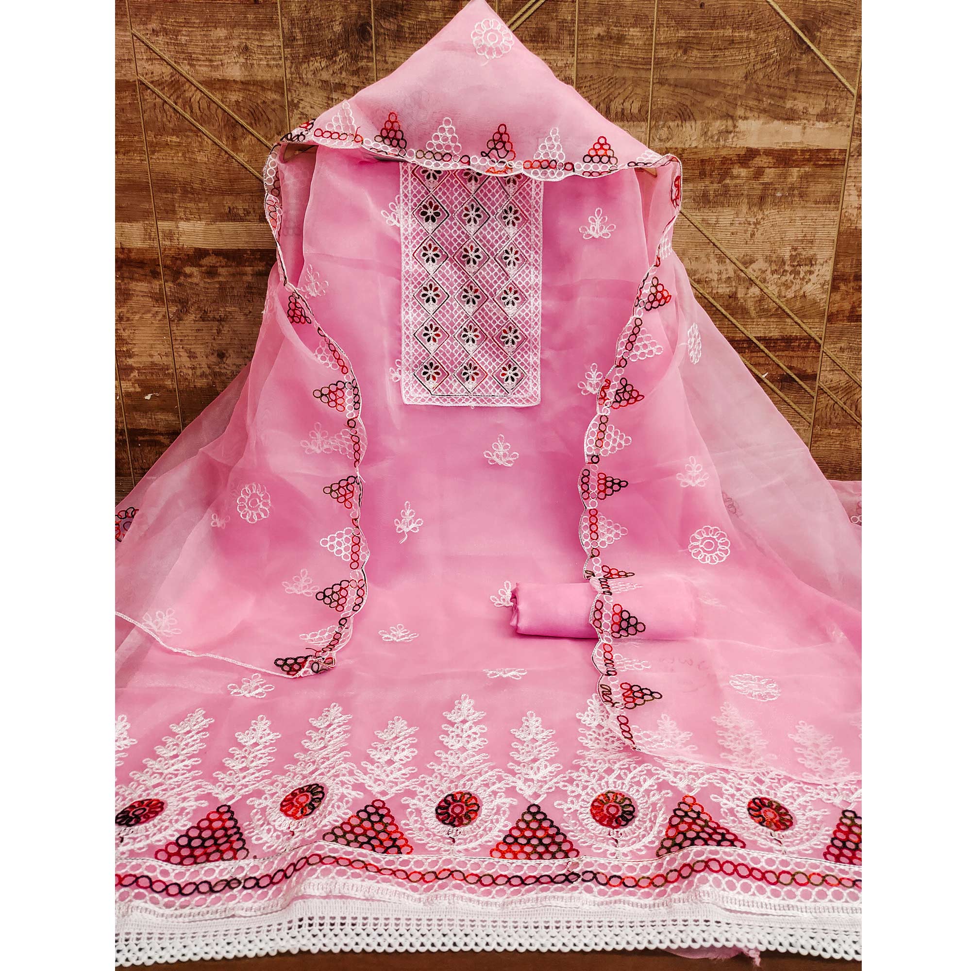 Pink Floral Embroidered Organza Dress Material