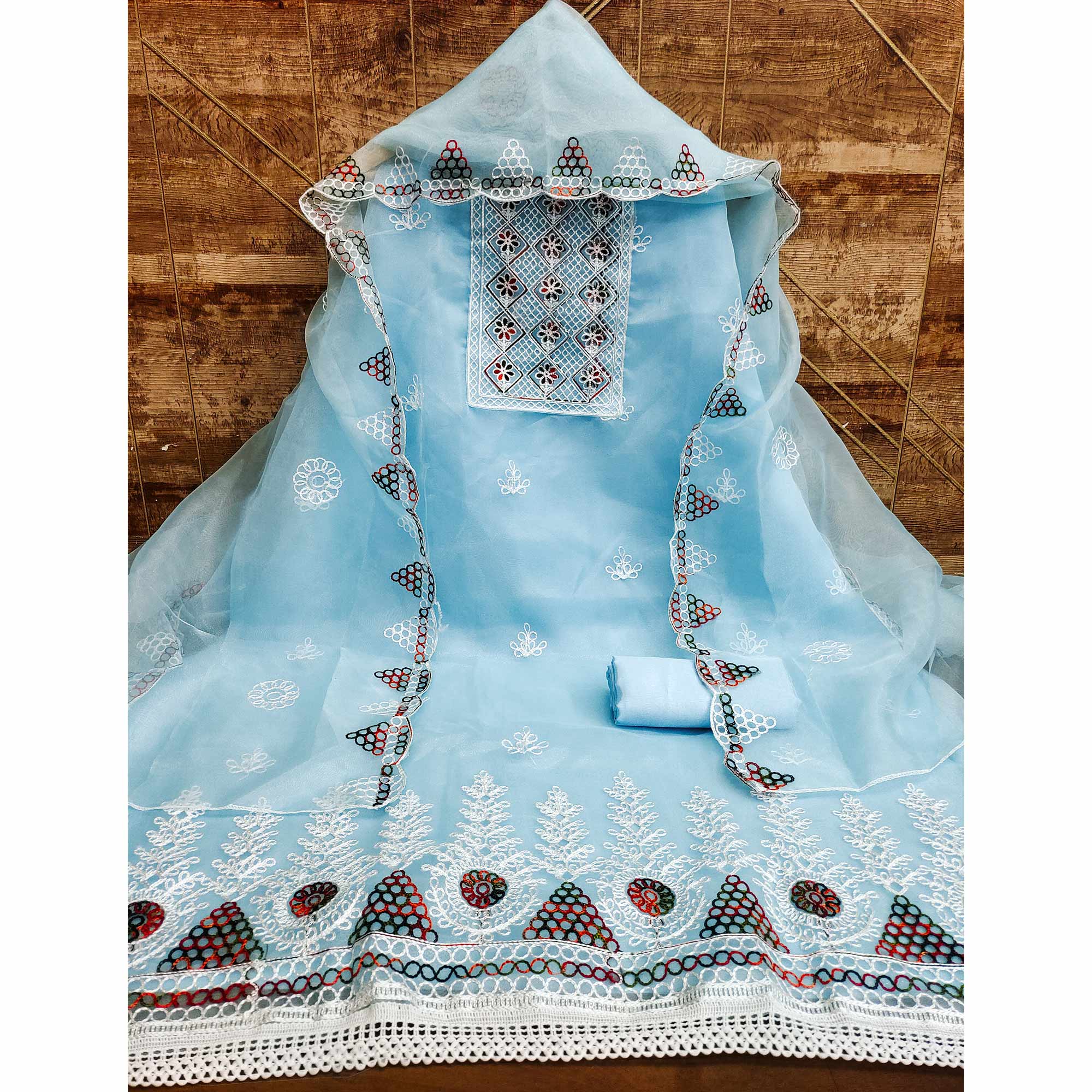 Sky Blue Floral Embroidered Organza Dress Material
