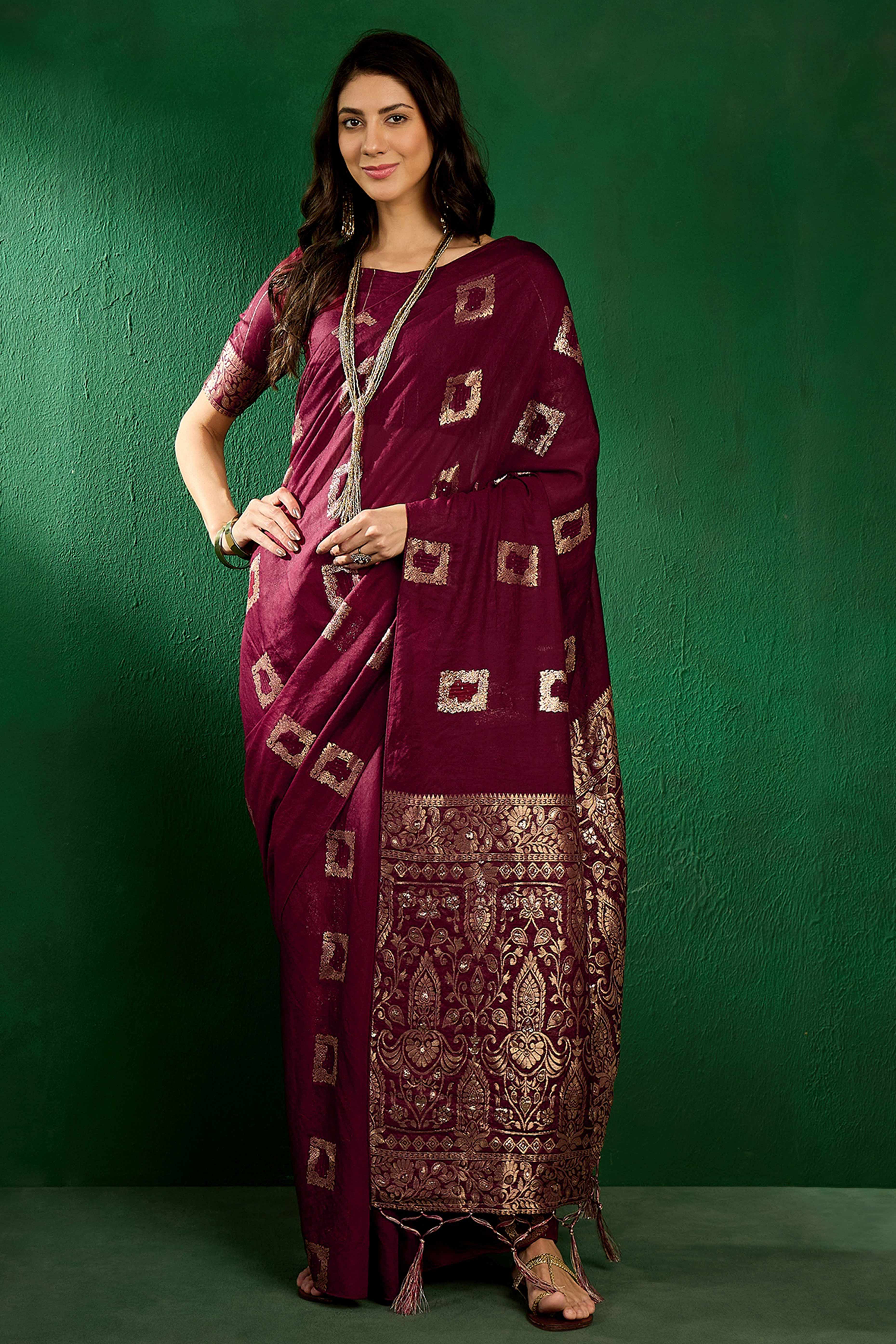 Dark Wine Woven Staple Cotton Blend Saree With Intricate Floral Motifs & Tassel-Embellished Pallu