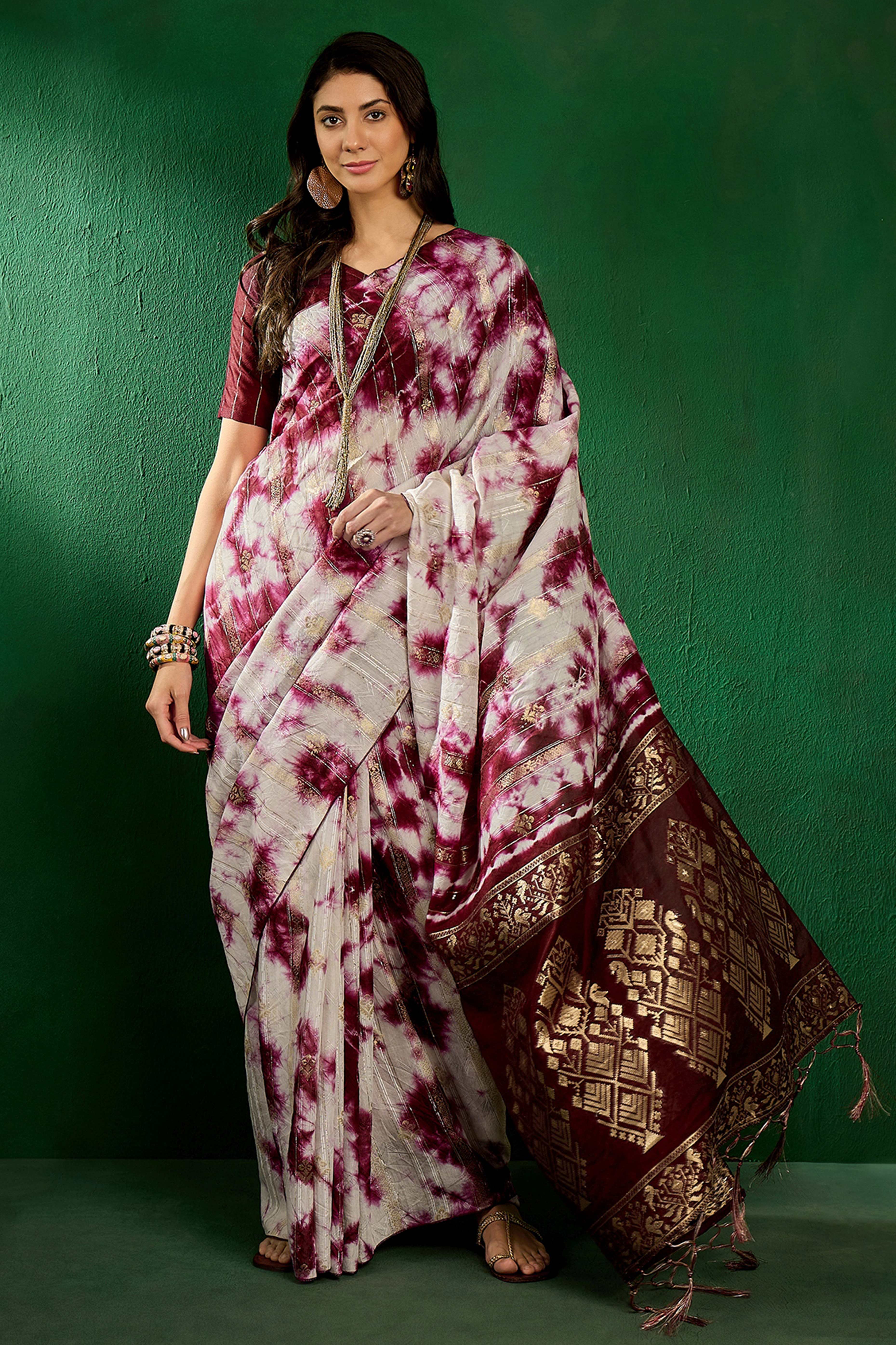 Floral Zari Woven Wine Saree In Cotton Blend With Sparkling Sequins & Elegant Tassel Pallu
