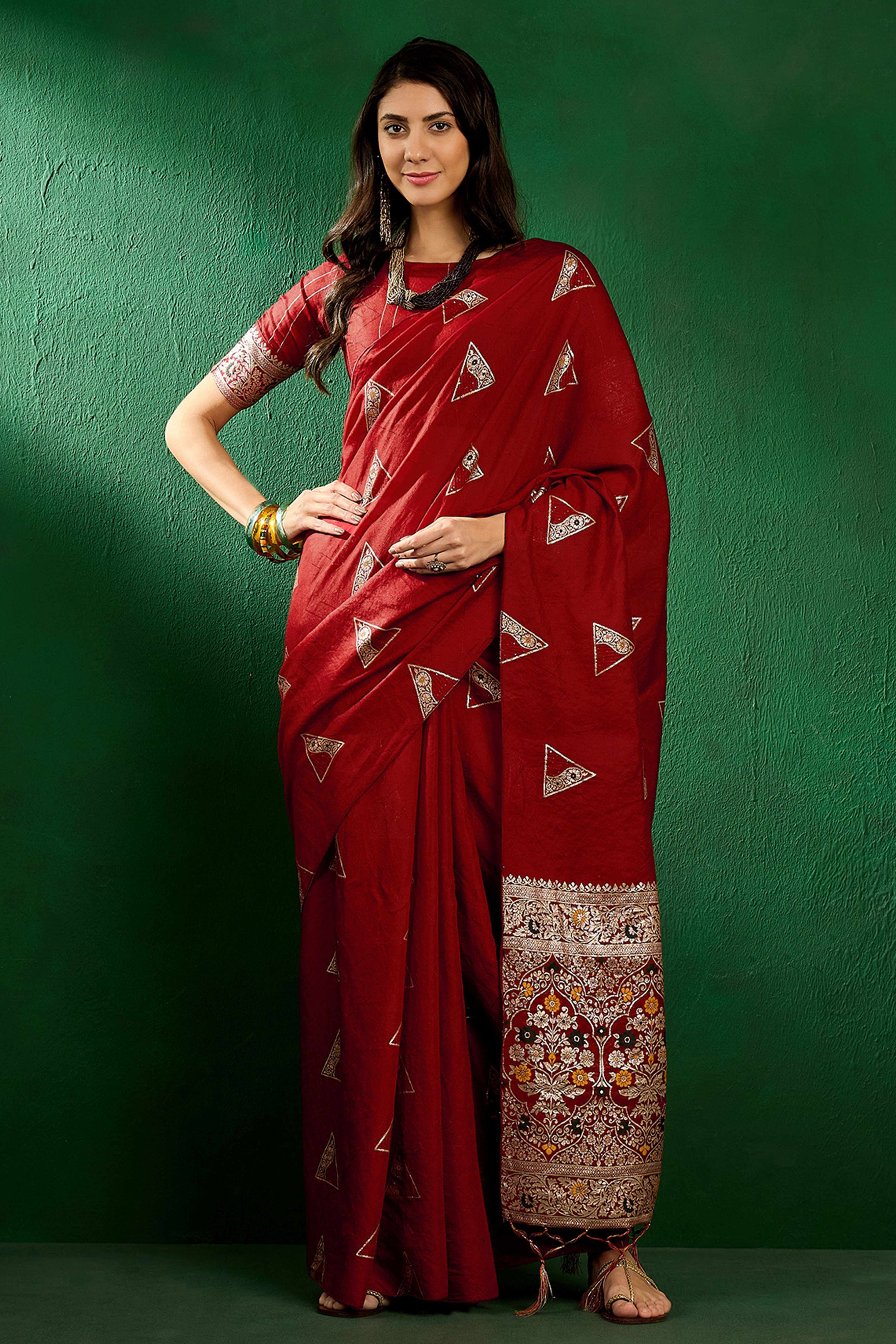 Maroon Floral Woven Staple Cotton Blend Saree With Sparkling Sequin Embroidery & Graceful Tassel Pallu