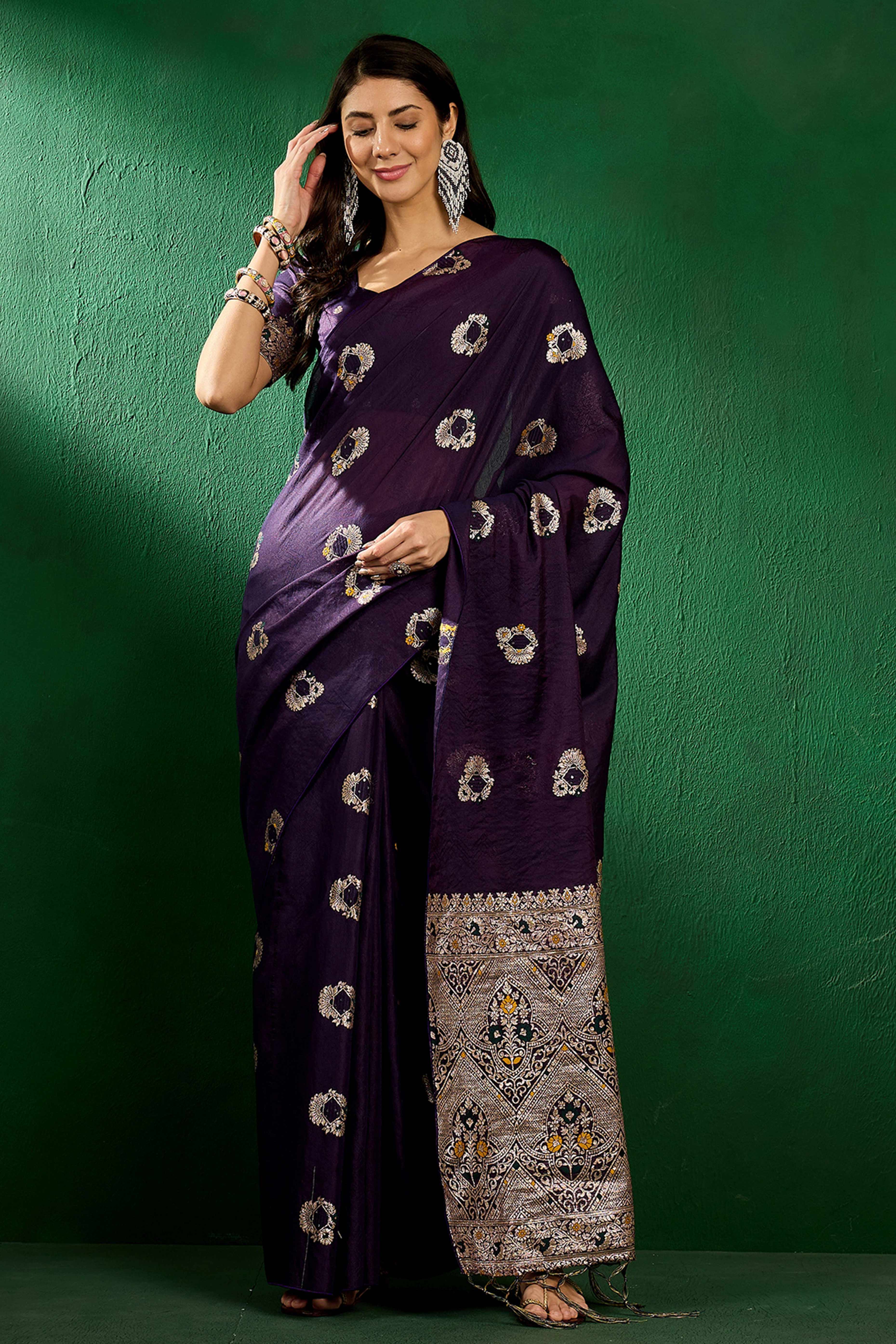 Dark Purple Cotton Blend Meena Jacquard Saree Enhanced With Floral Weaving & Tassel Pallu
