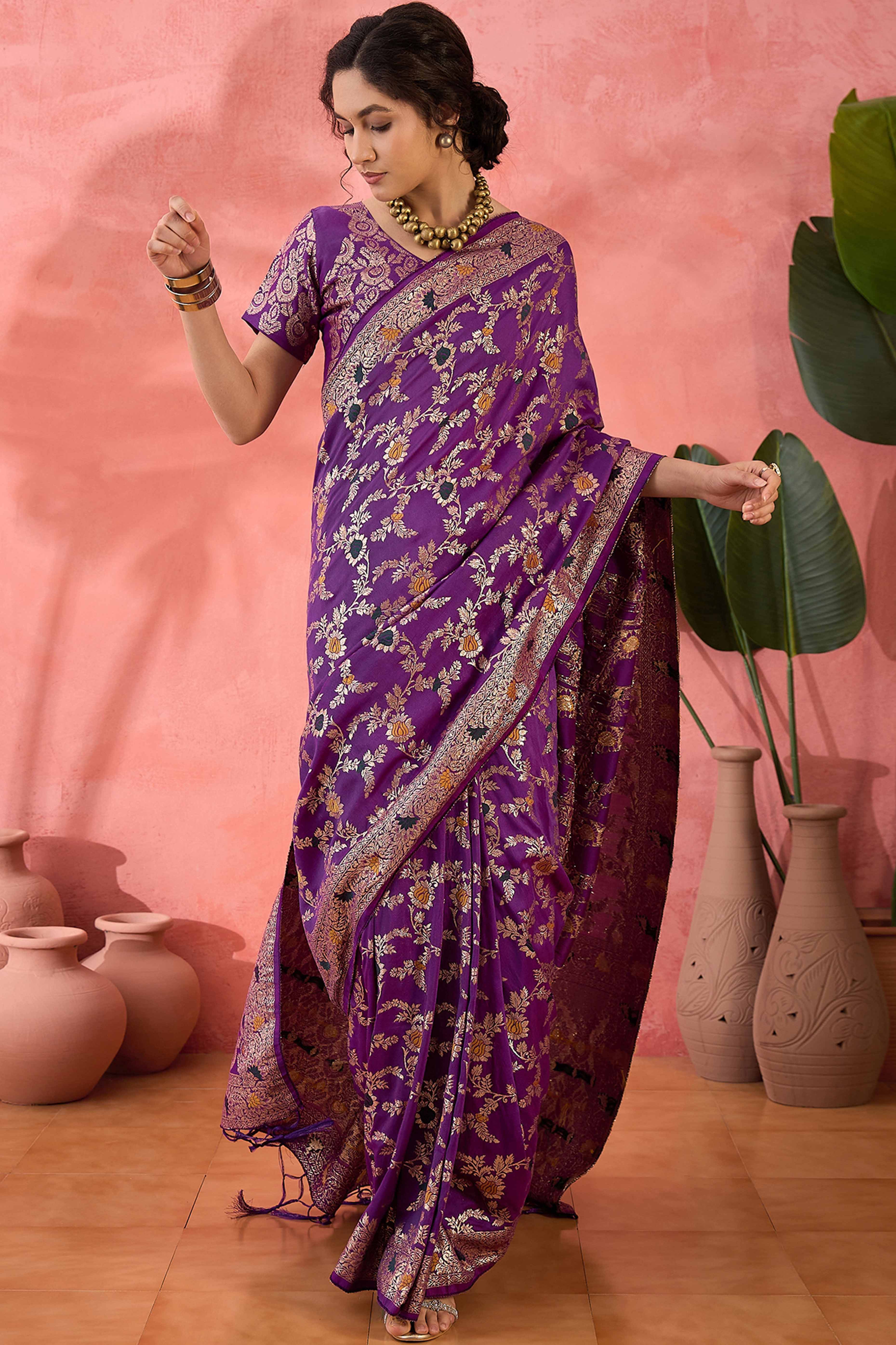 Purple Cotton Meena jacquard Saree Featuring Intricate Floral Weaving & Tassels On The Pallu