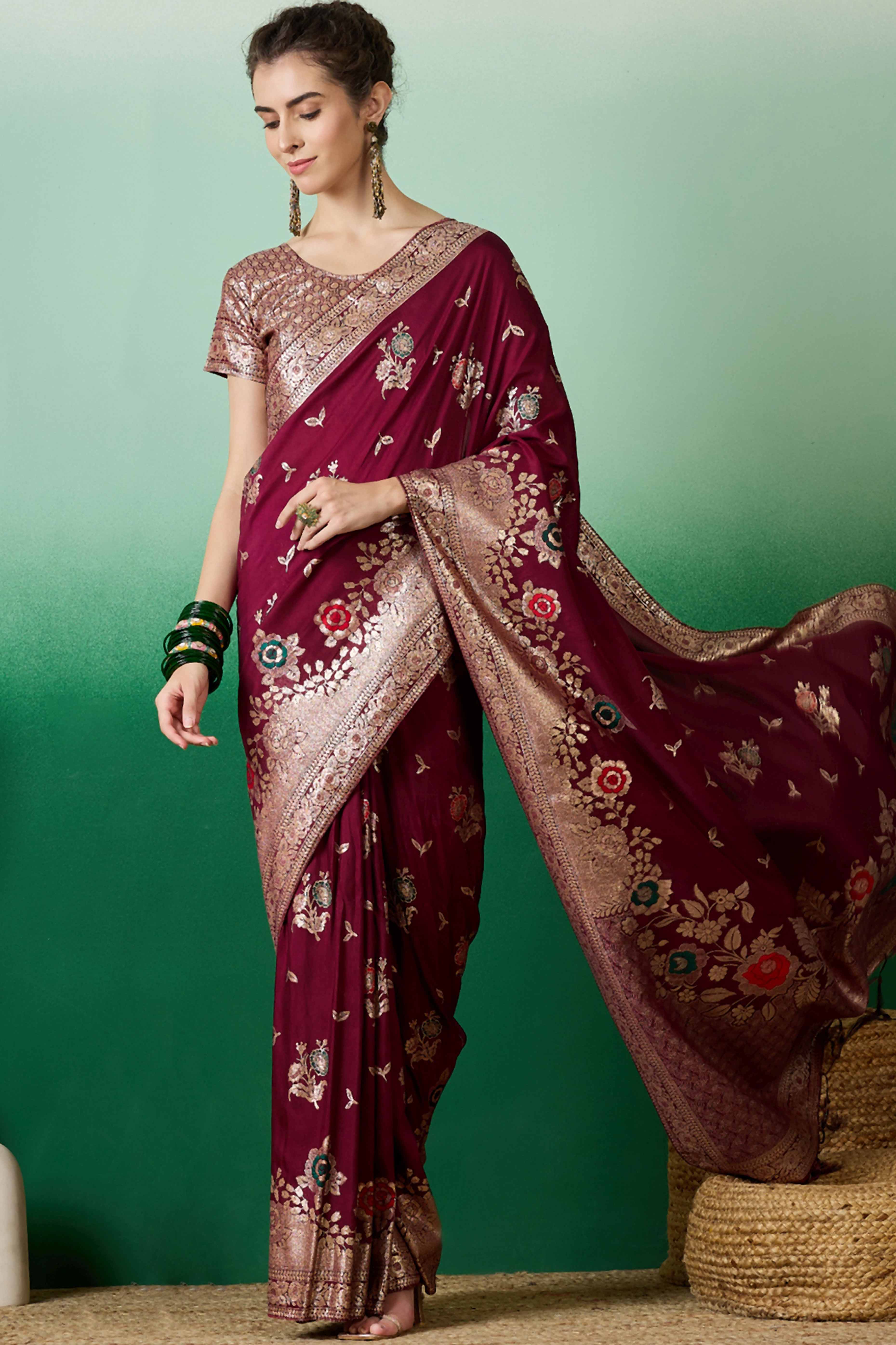 Burgundy Cotton Blend Saree Embellished With Floral Zari Weaving & Tasselled Pallu