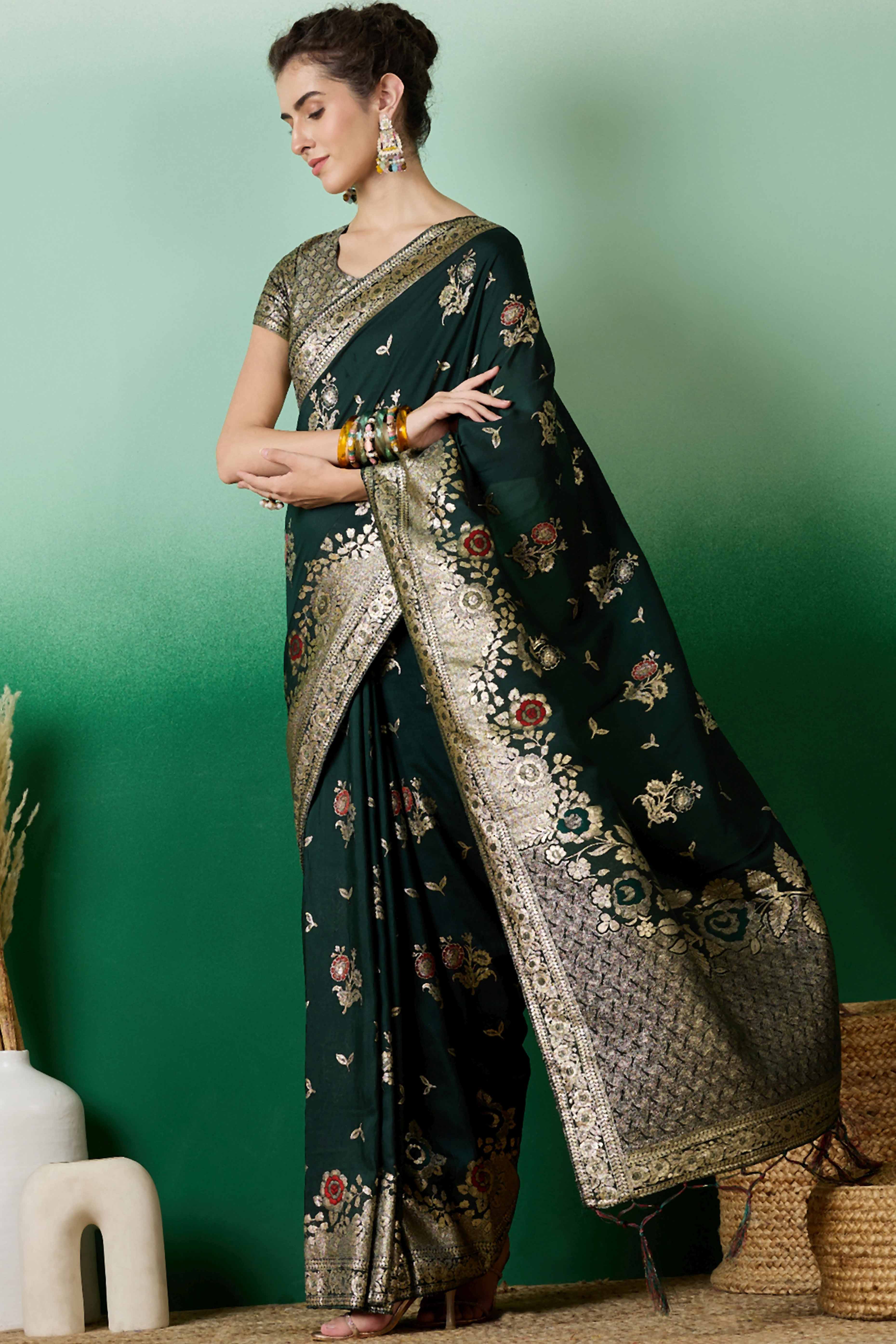 Green Cotton Blend Saree Embellished With Floral Zari Weaving & Tasselled Pallu
