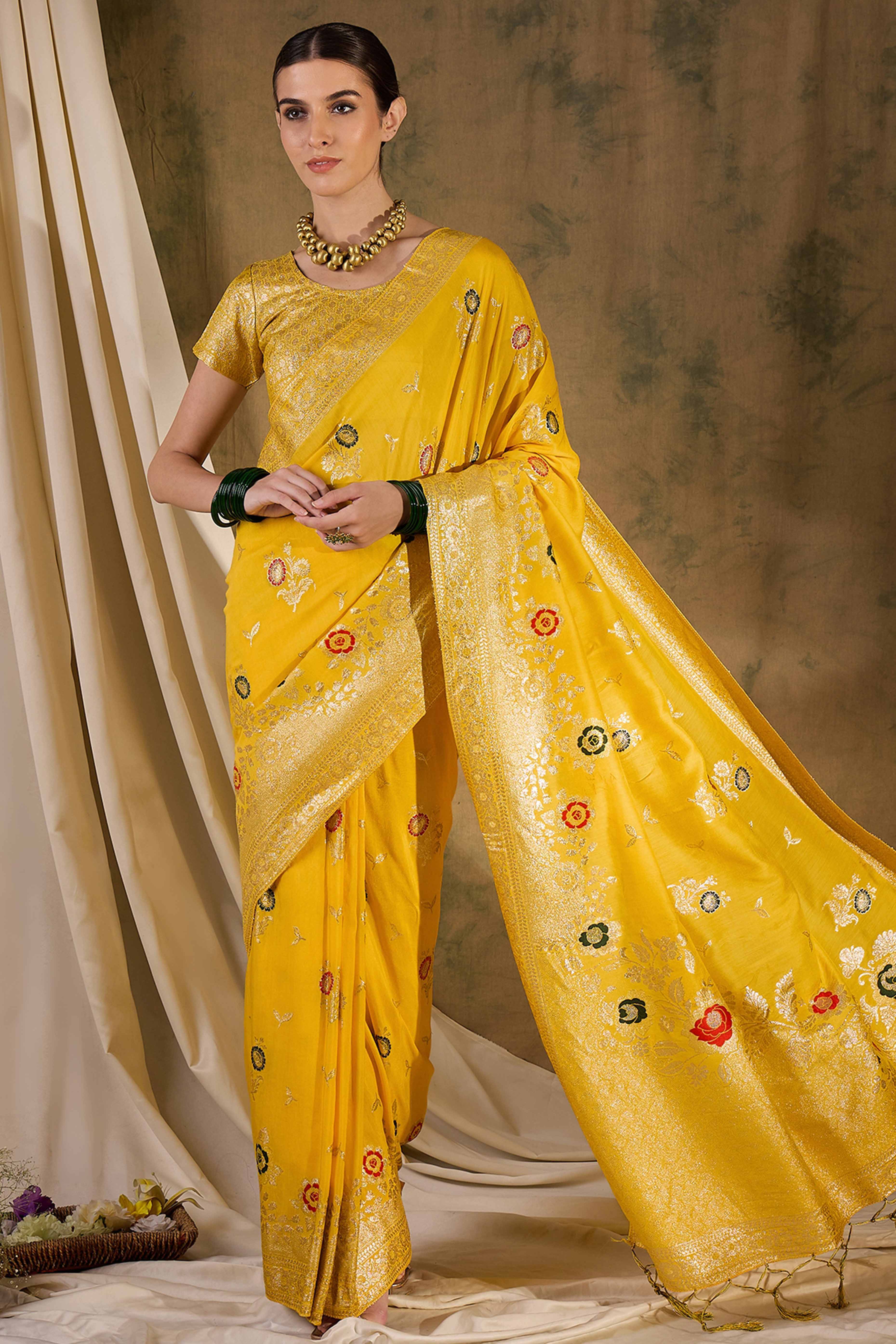 Yellow Cotton Blend Saree Embellished With Floral Zari Weaving & Tasselled Pallu