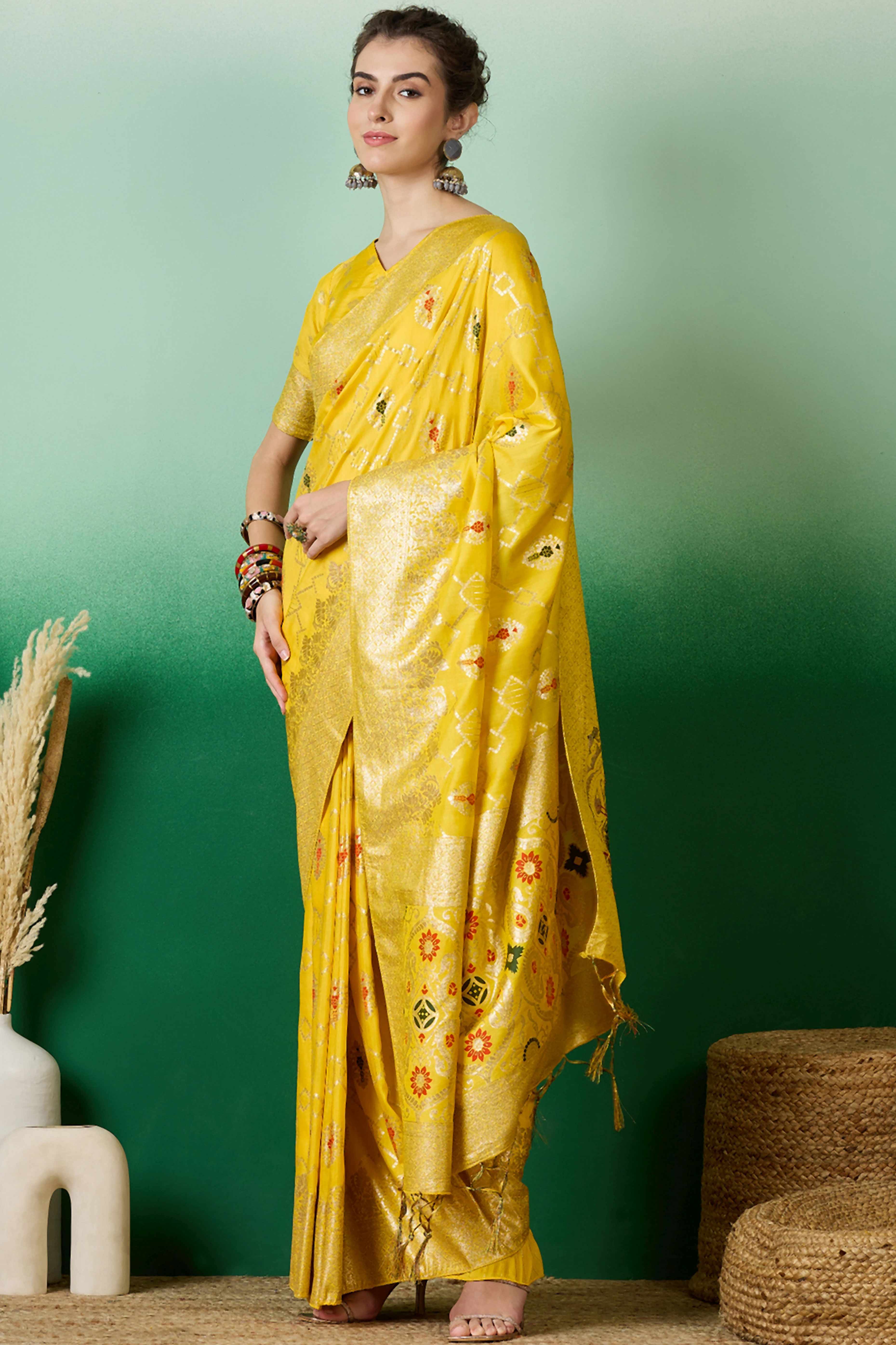 Yellow Zari Woven Staple Cotton Blend Saree With Floral Motifs & Tassel Detailed Pallu