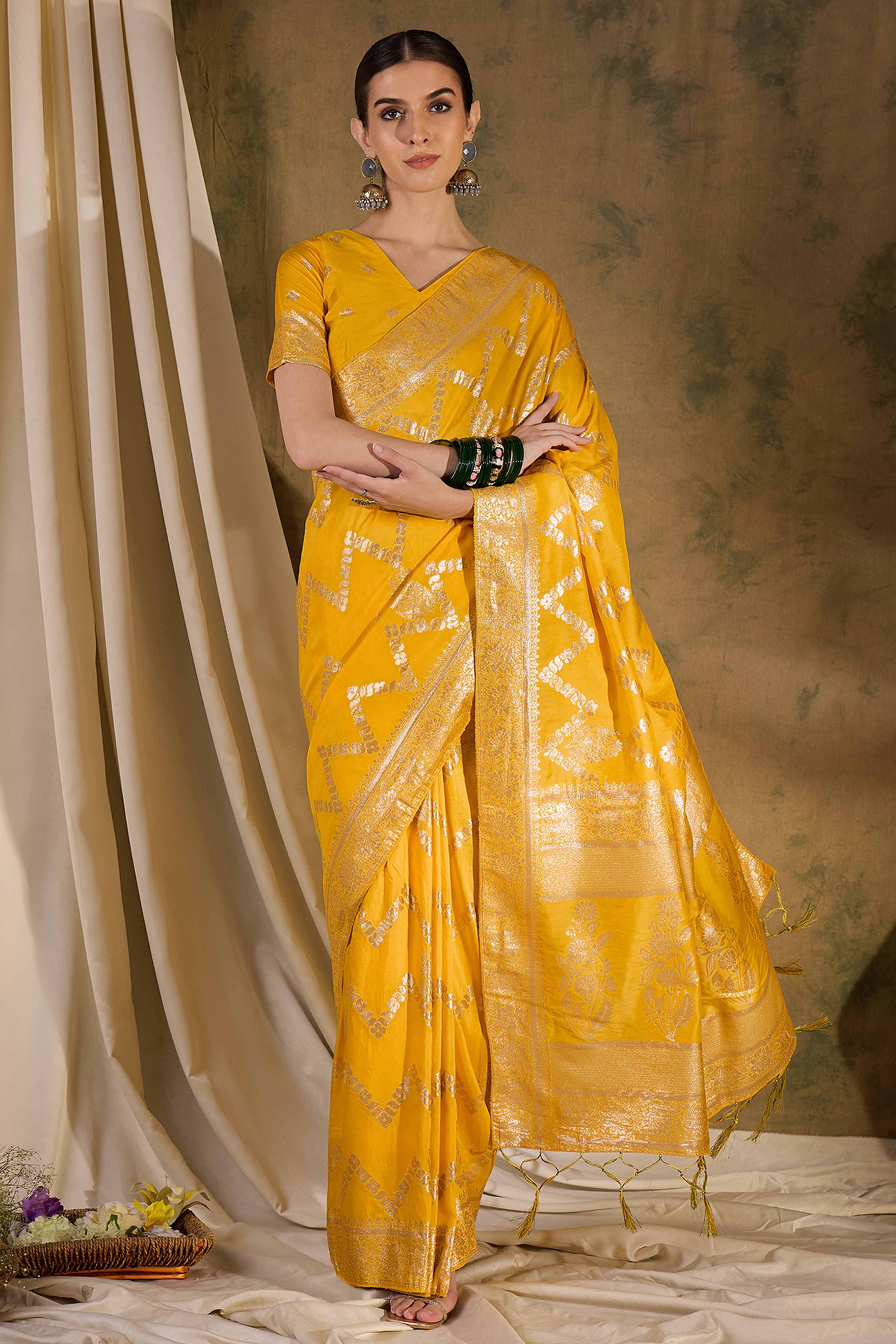 Mustard Cotton Blend Jacquard Saree Adorned With Floral Weaving & Graceful Tassel Pallu