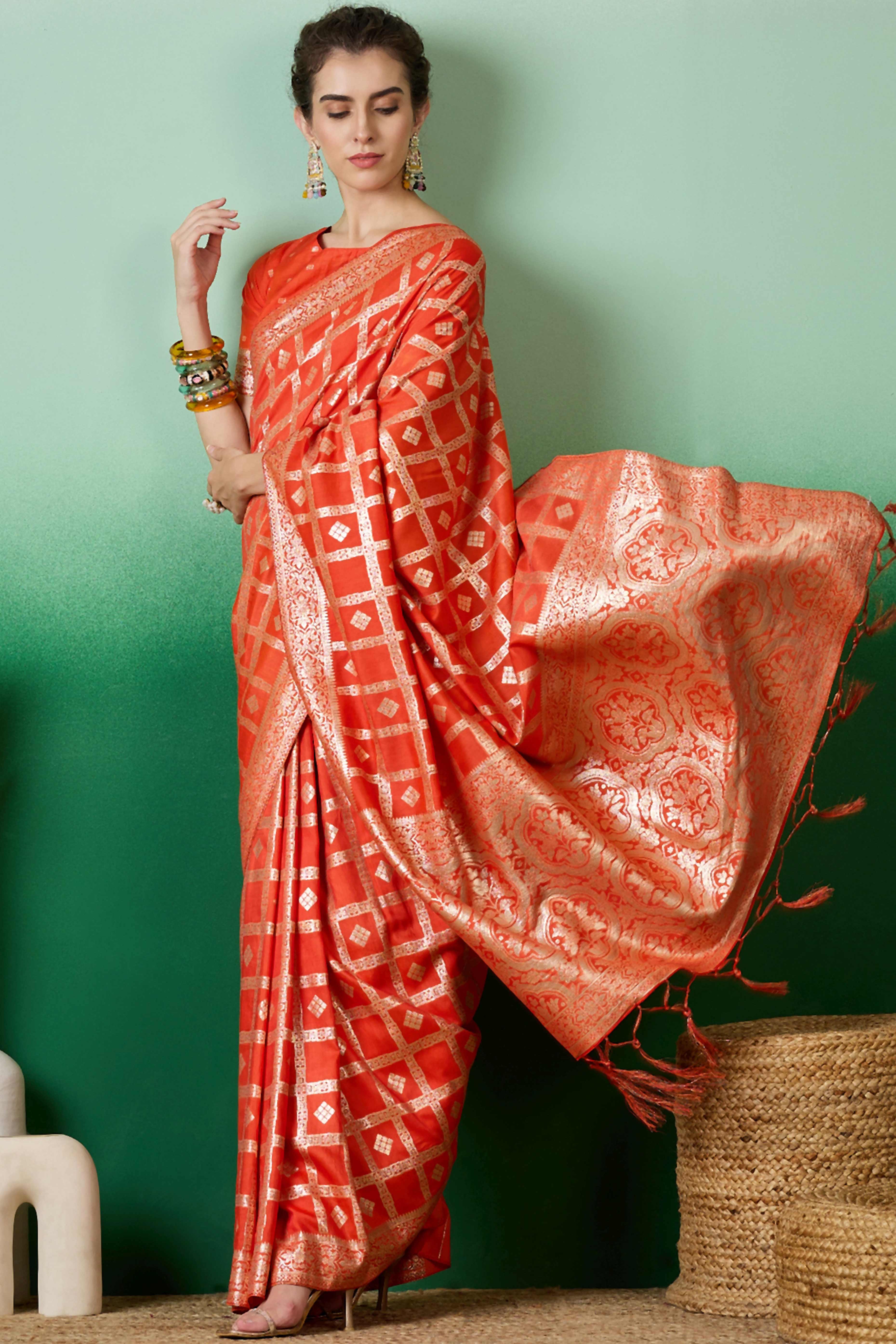 Orange Jacquard Saree In Cotton Blend Featuring Elegant Floral Weaving & A Tasselled Pallu
