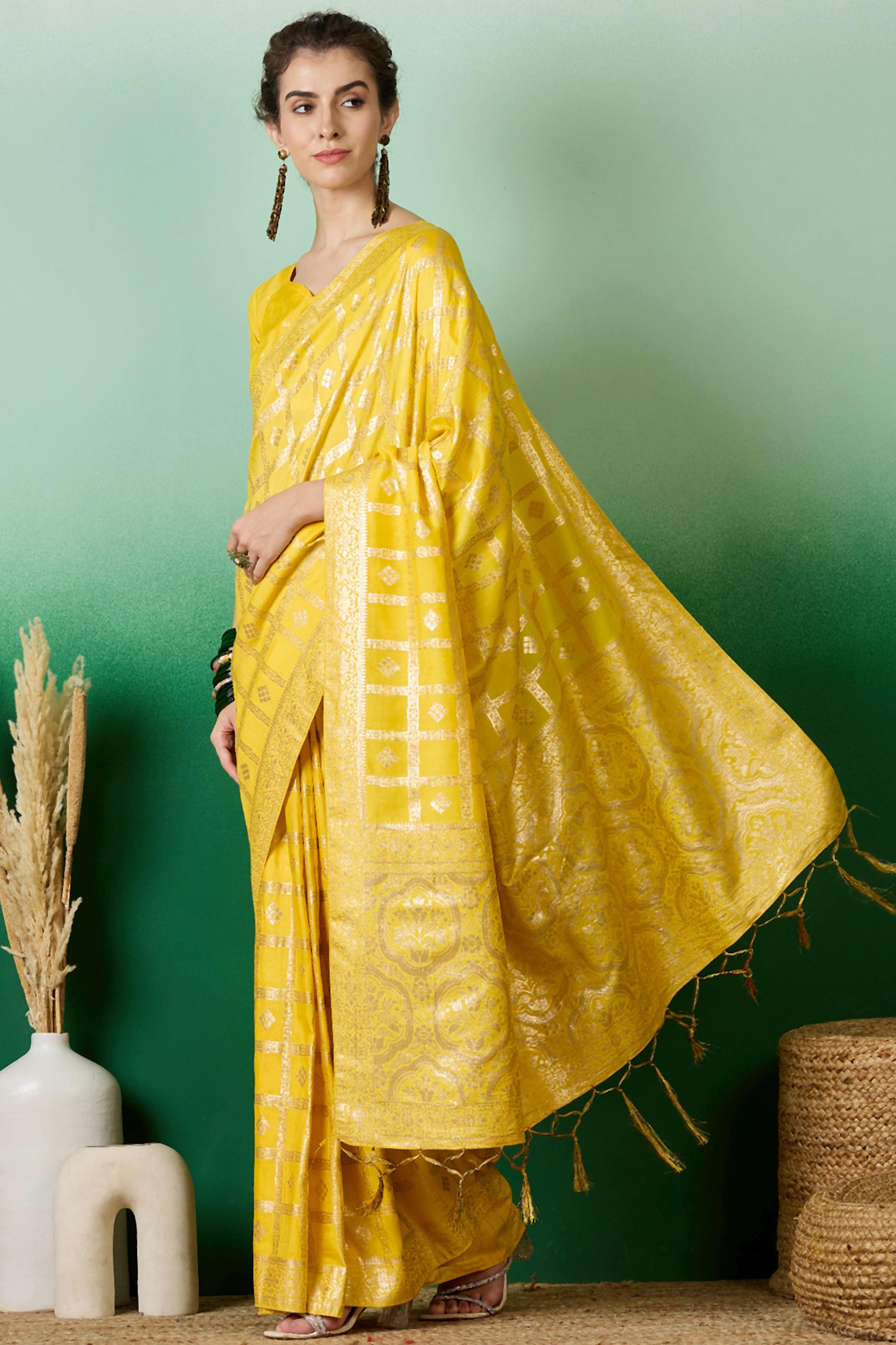 Yellow Jacquard Saree In Cotton Blend Featuring Elegant Floral Weaving & A Tasselled Pallu