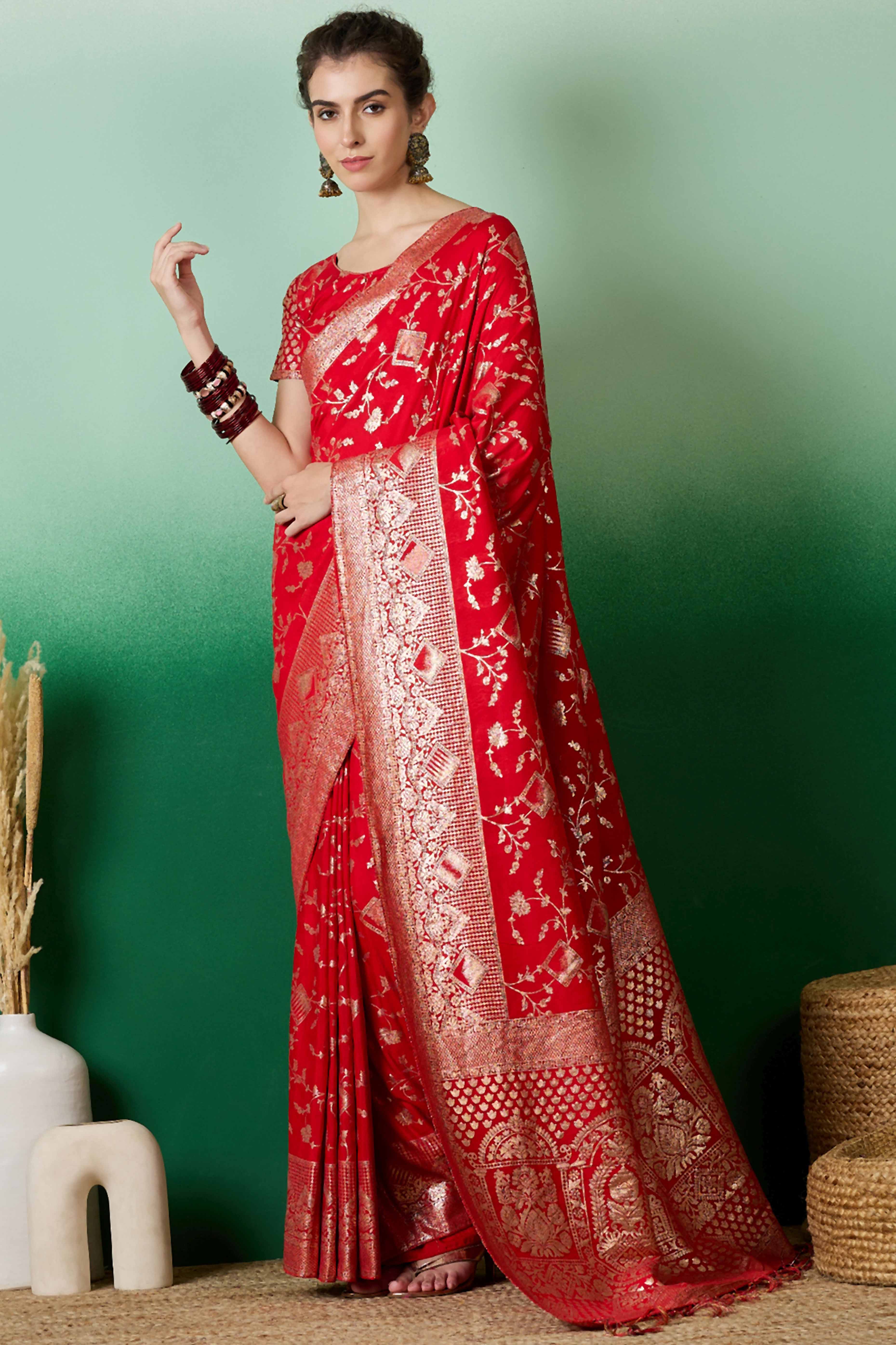Red Cotton Blend Saree With Intricate Floral Zari Weaving & Soft Tassel