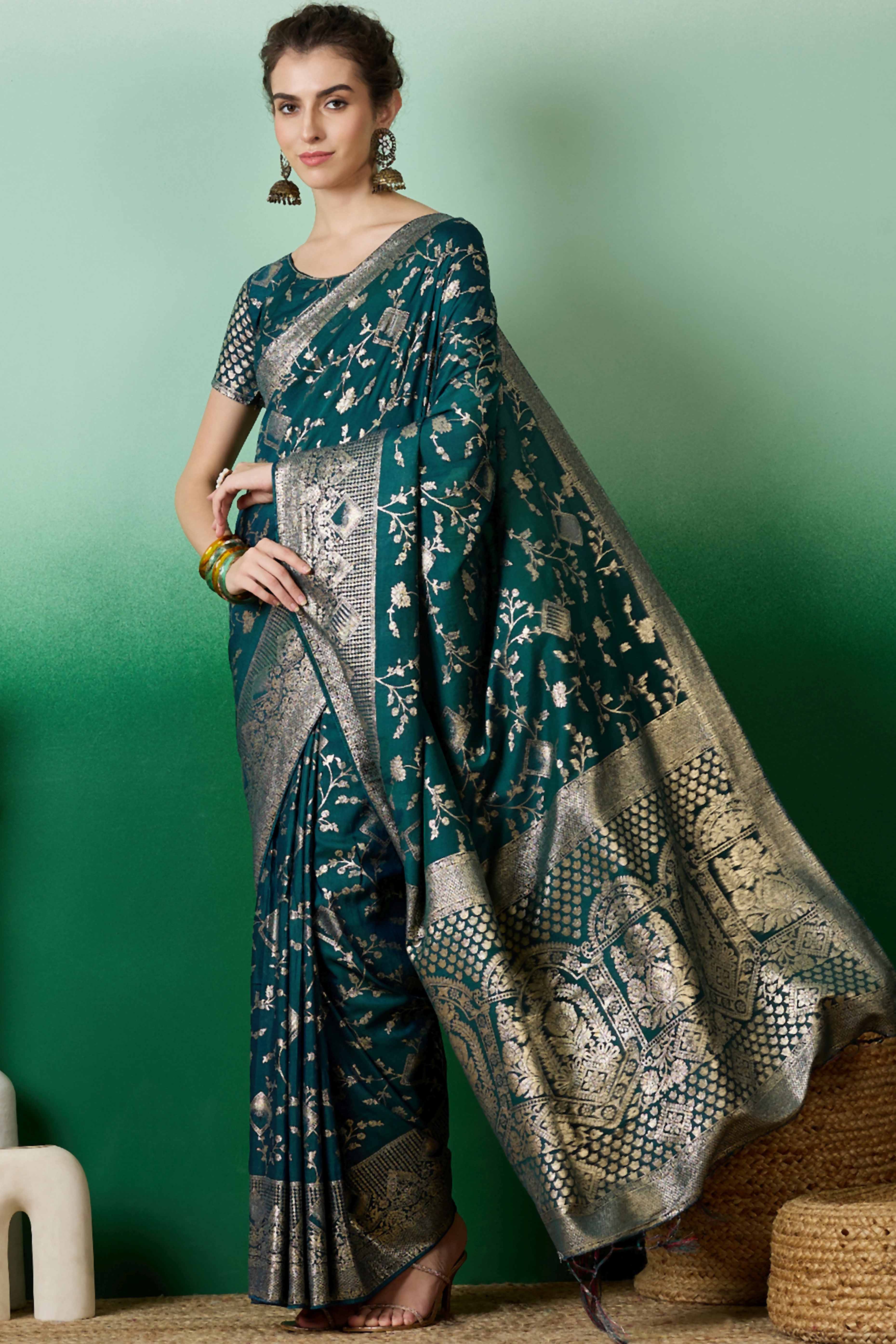 Deep Teal Green Cotton Blend Saree With Intricate Floral Zari Weaving & Soft Tassel