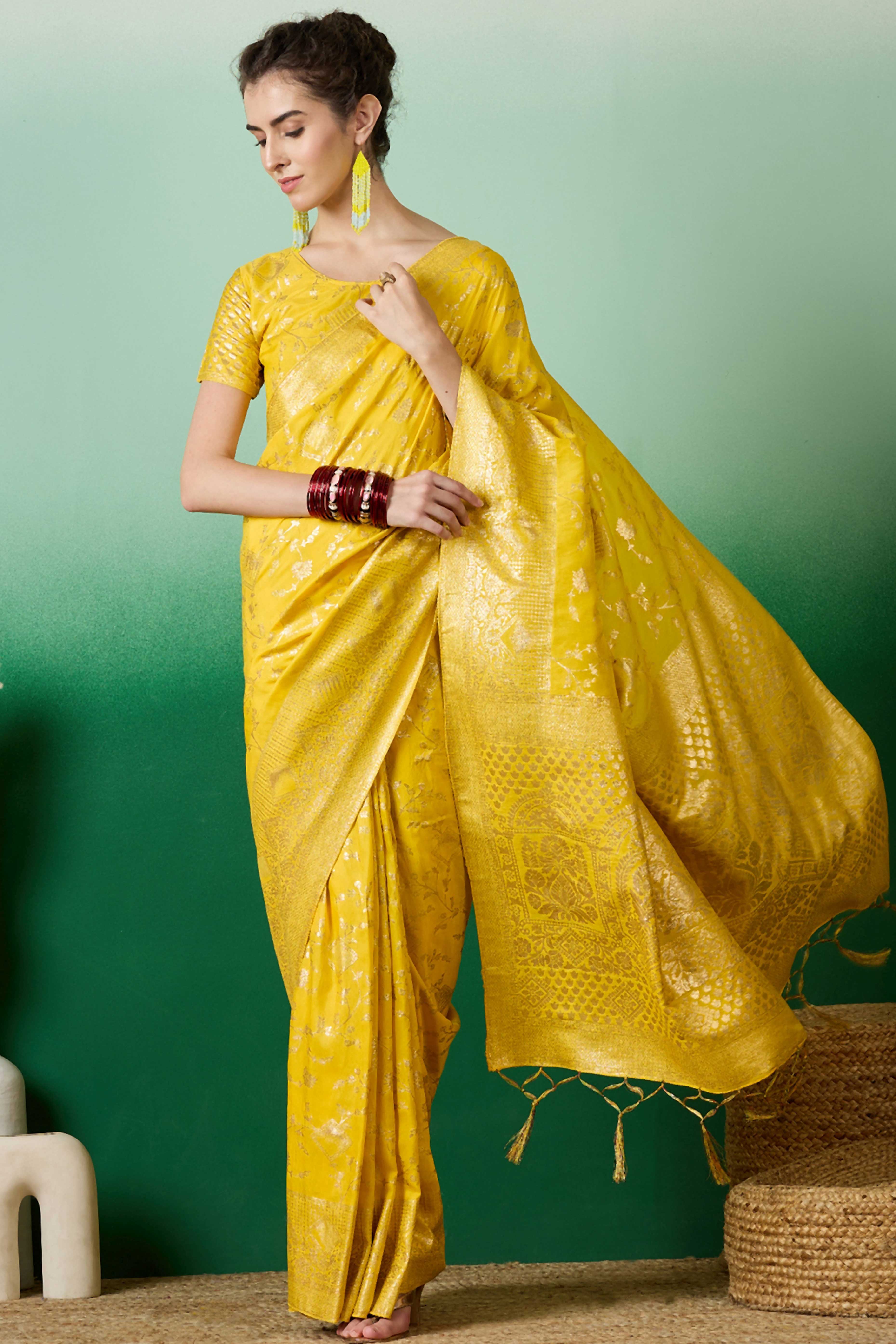 Yellow Cotton Blend Saree With Intricate Floral Zari Weaving & Soft Tassel