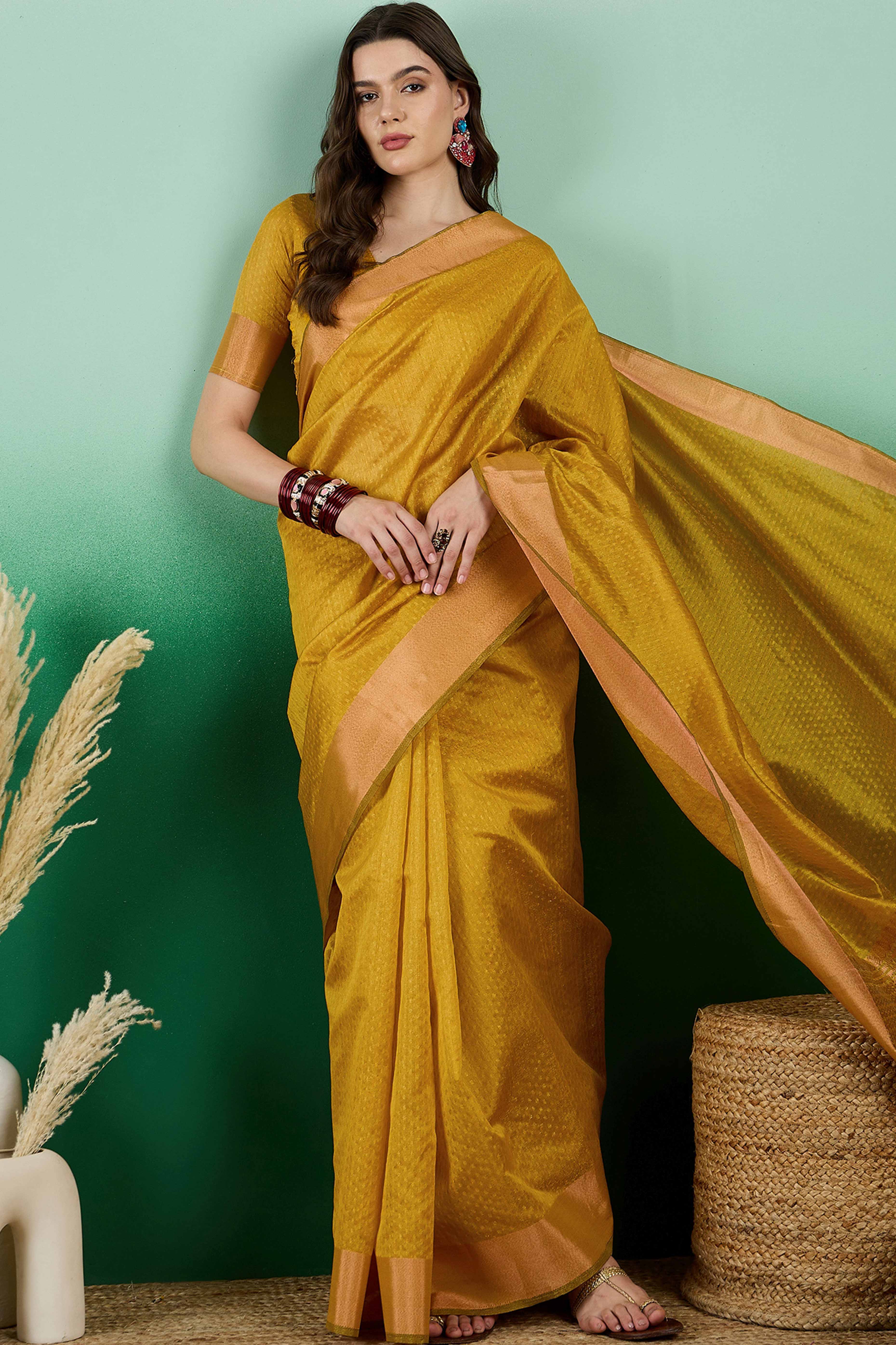 Mustard Khadi Organza Saree Intricate Weaving & Sparkling Sequins with Tassel Pallu