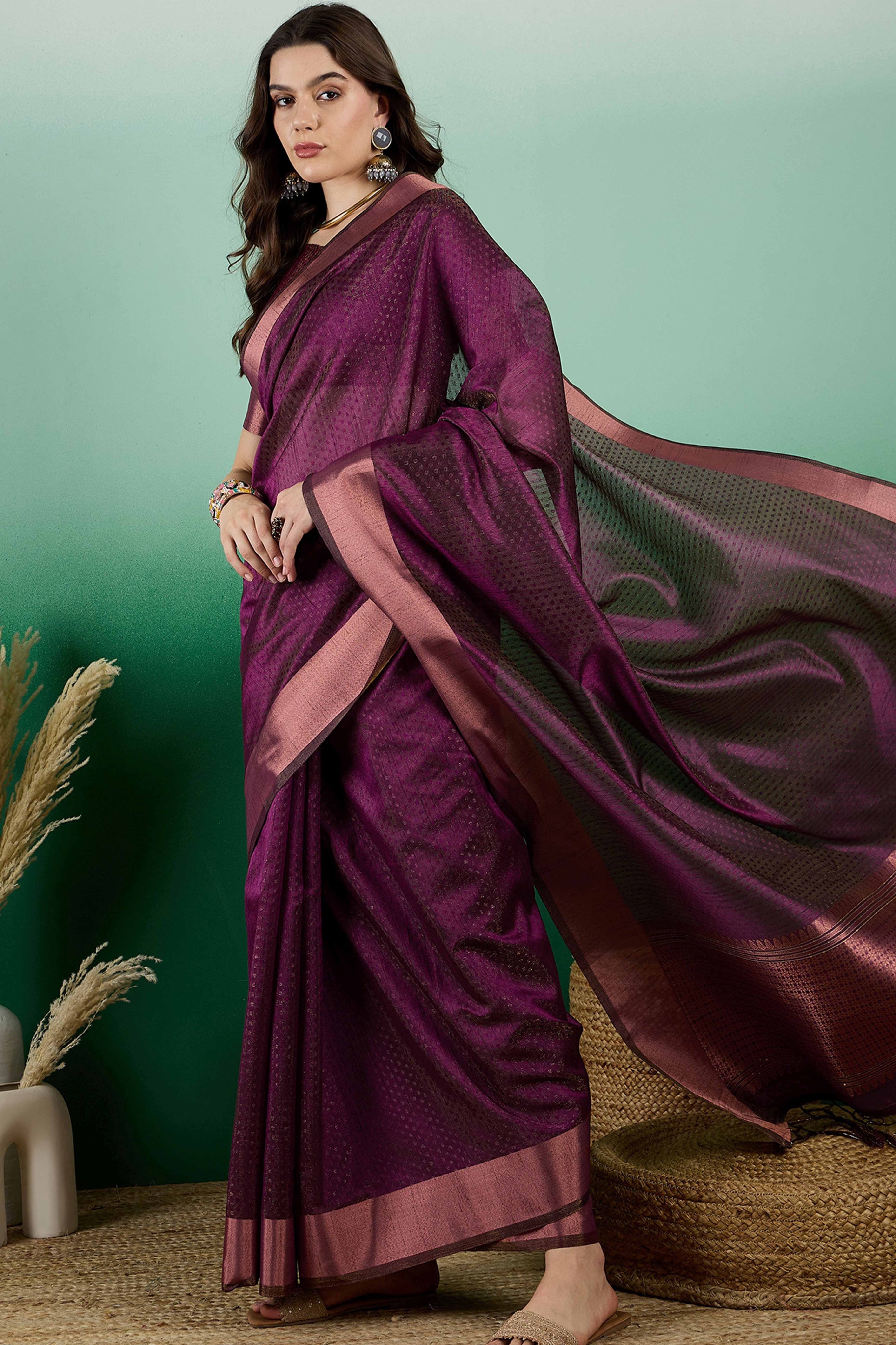 Wine Khadi Organza Saree Intricate Weaving & Sparkling Sequins with Tassel Pallu