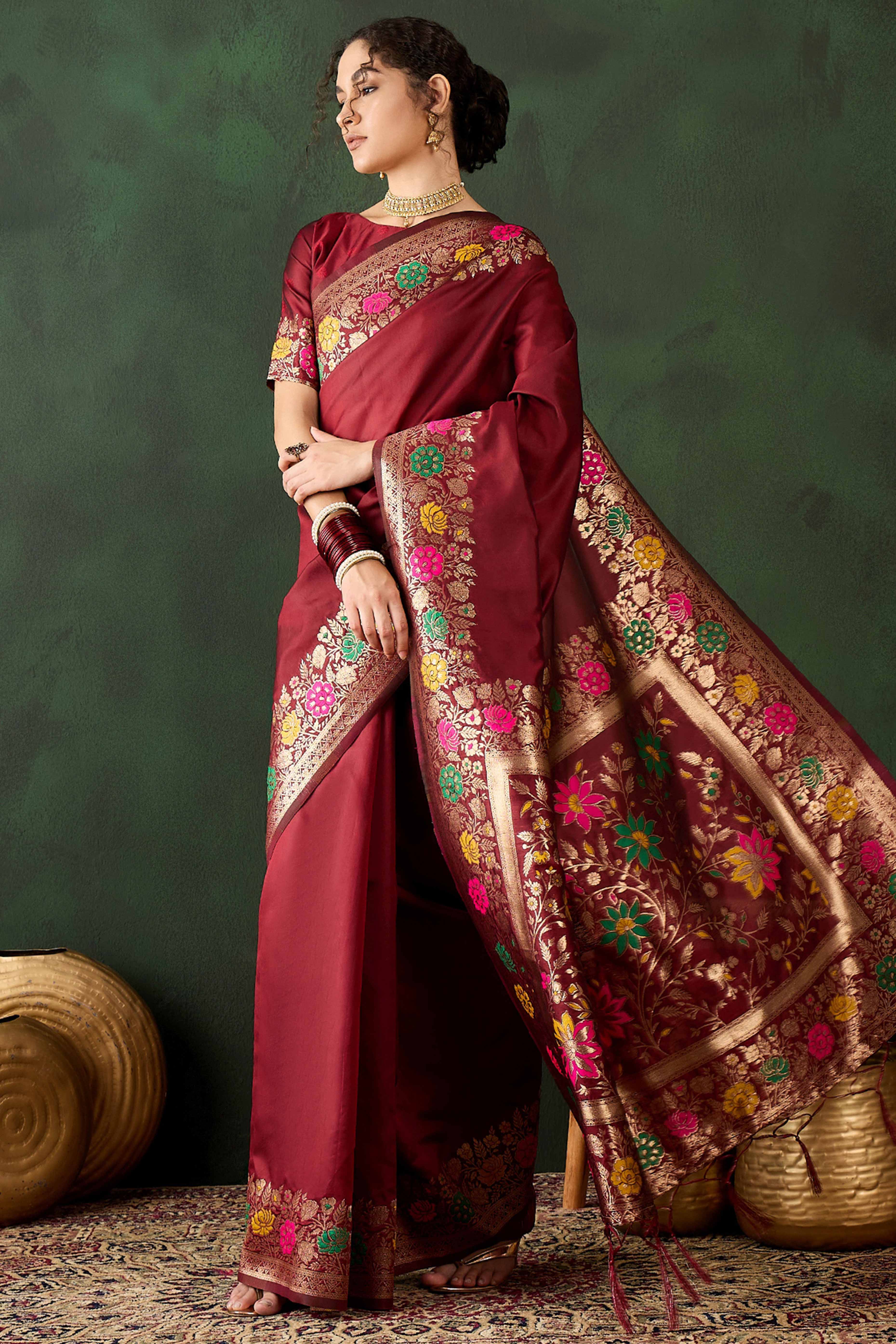Maroon Saree In Poly Silk Blend Featuring Floral Zari Weaving & Tassel Accents