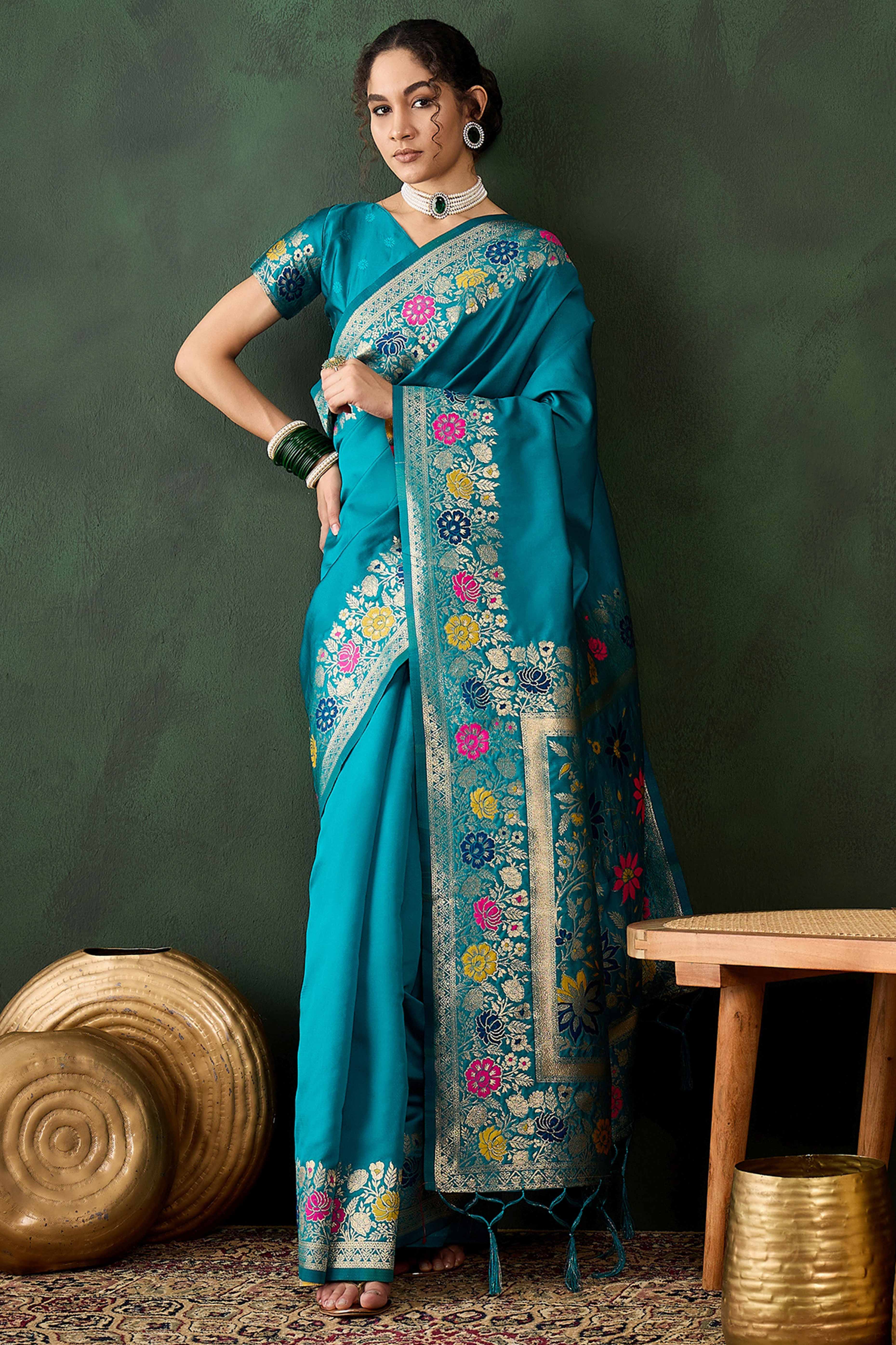 Rama Blue Saree In Poly Silk Blend Featuring Floral Zari Weaving & Tassel Accents