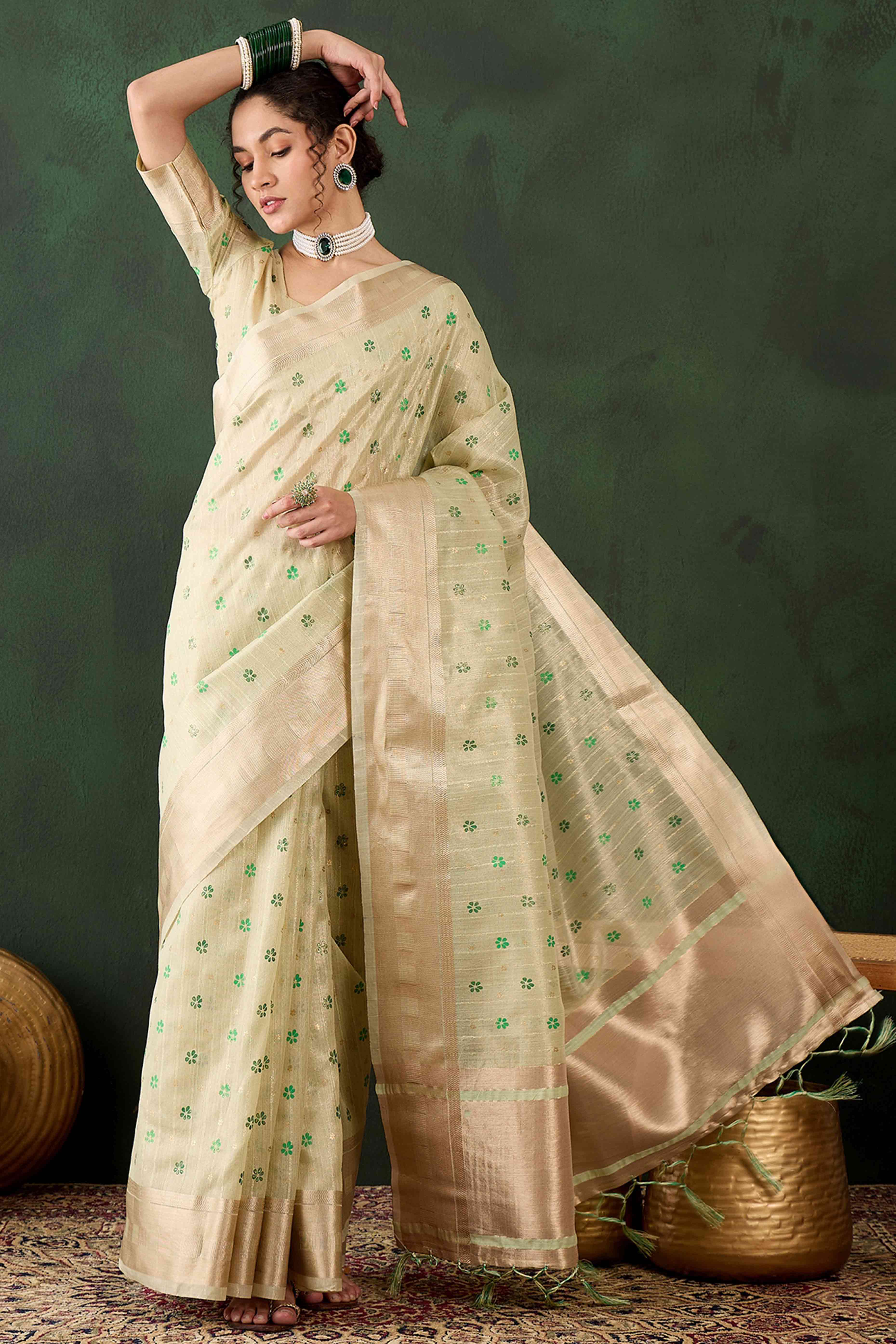 Green Saree In Khadi Organza Featuring Floral Prints & Intricate Weaving