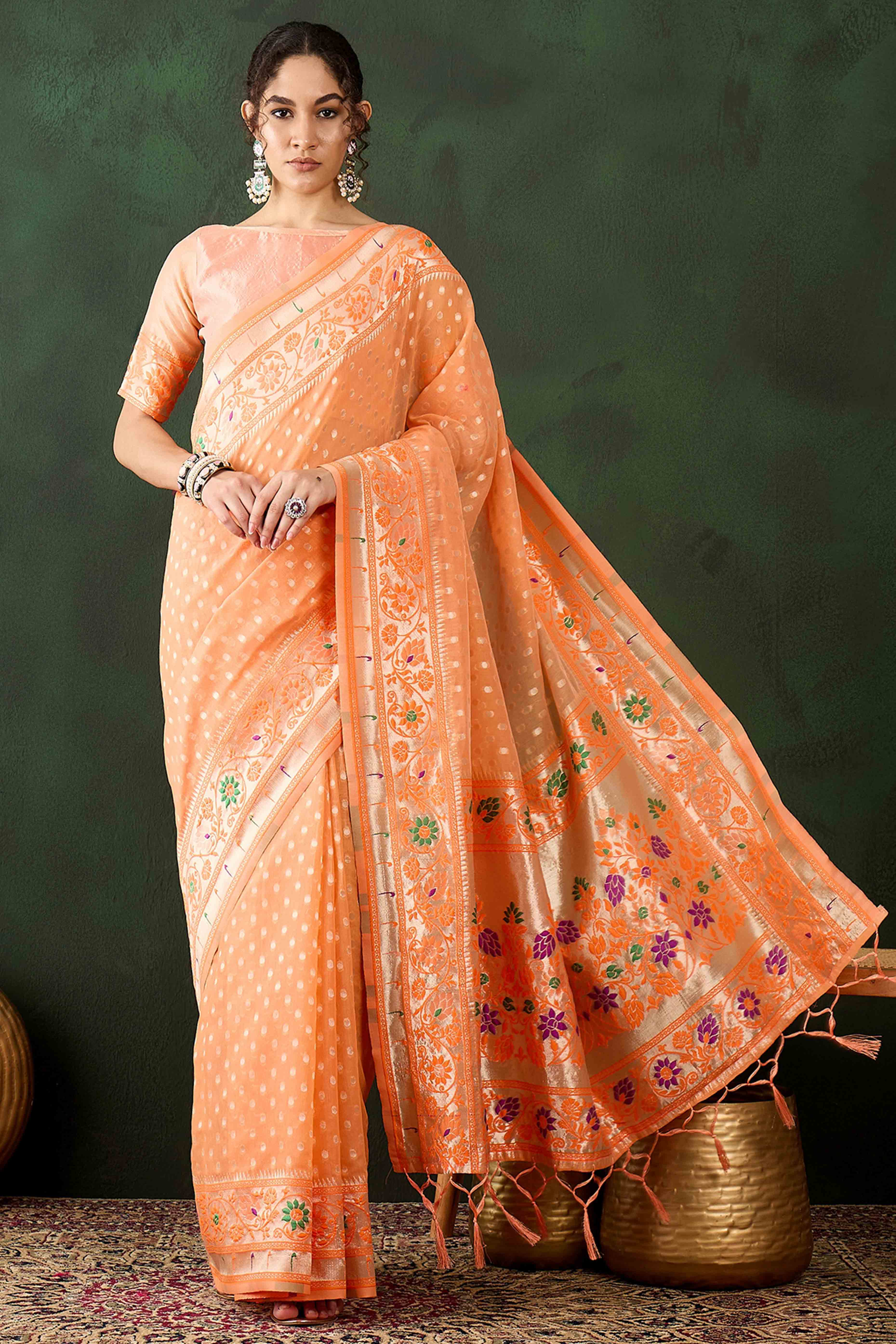 Orange Floral Zari Weaving On Orange Poly Cotton Saree With Tasselled Borders