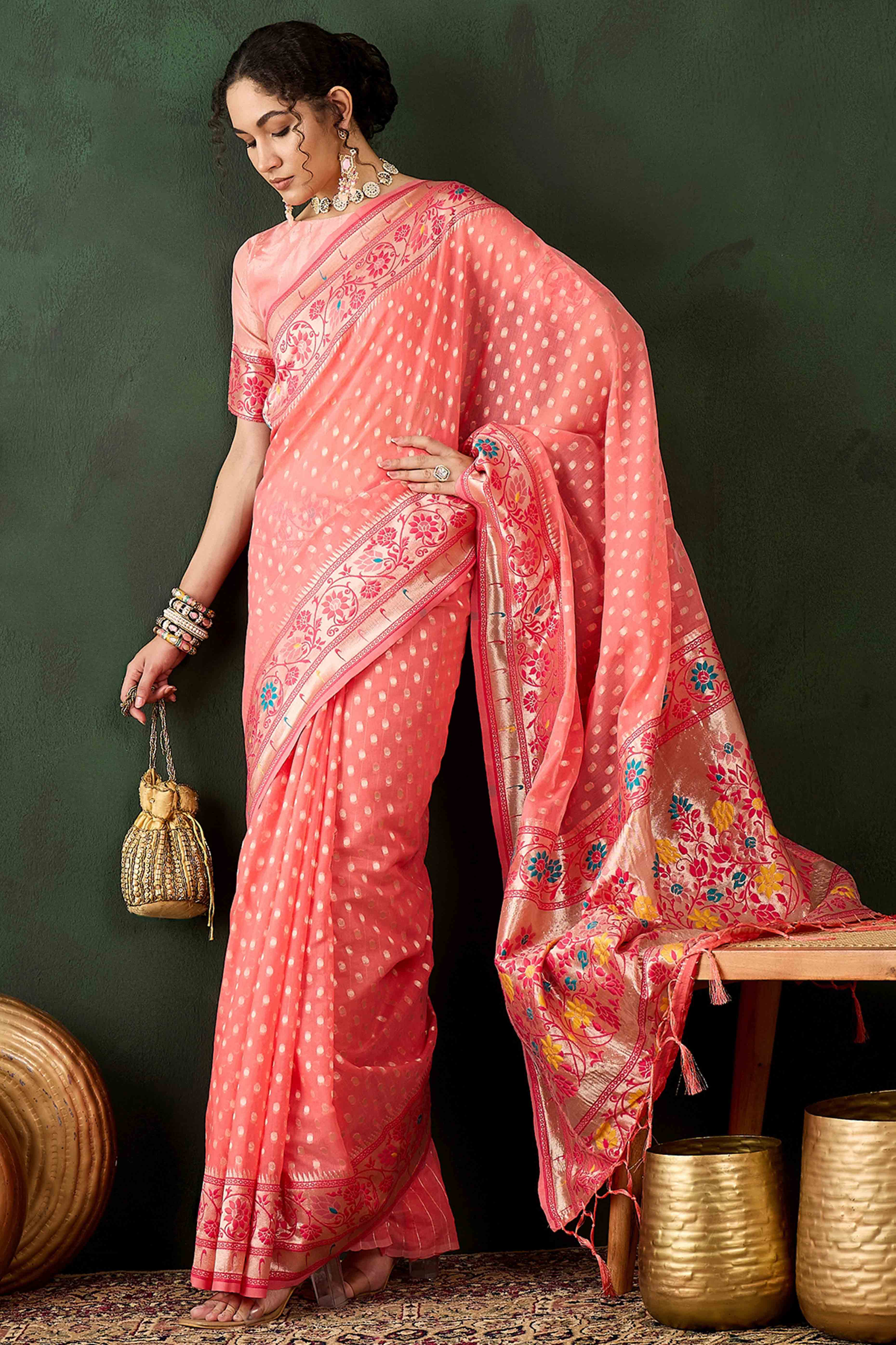 Peach Floral Zari Weaving On Orange Poly Cotton Saree With Tasselled Borders