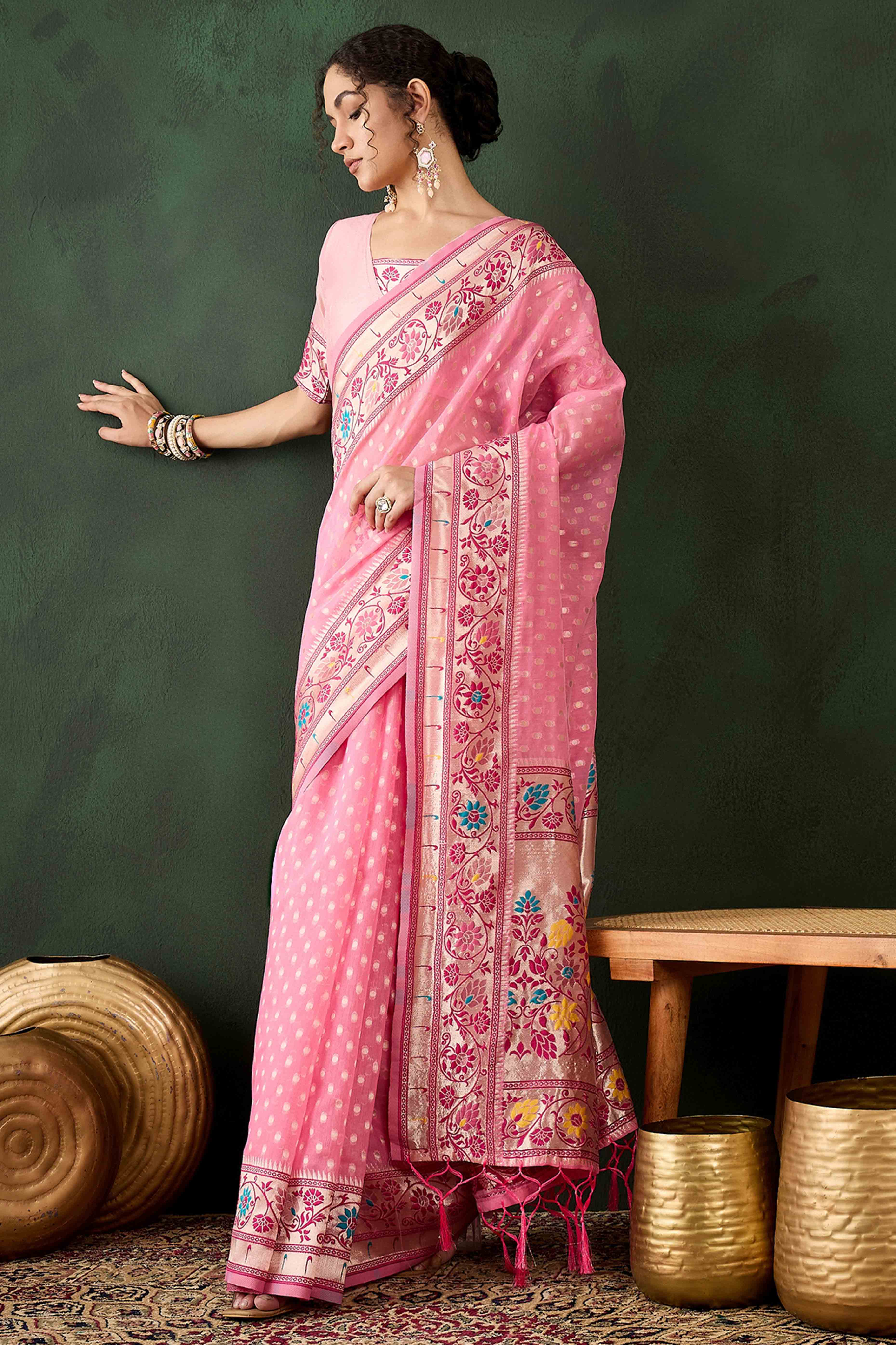 Pink Floral Zari Weaving On Orange Poly Cotton Saree With Tasselled Borders