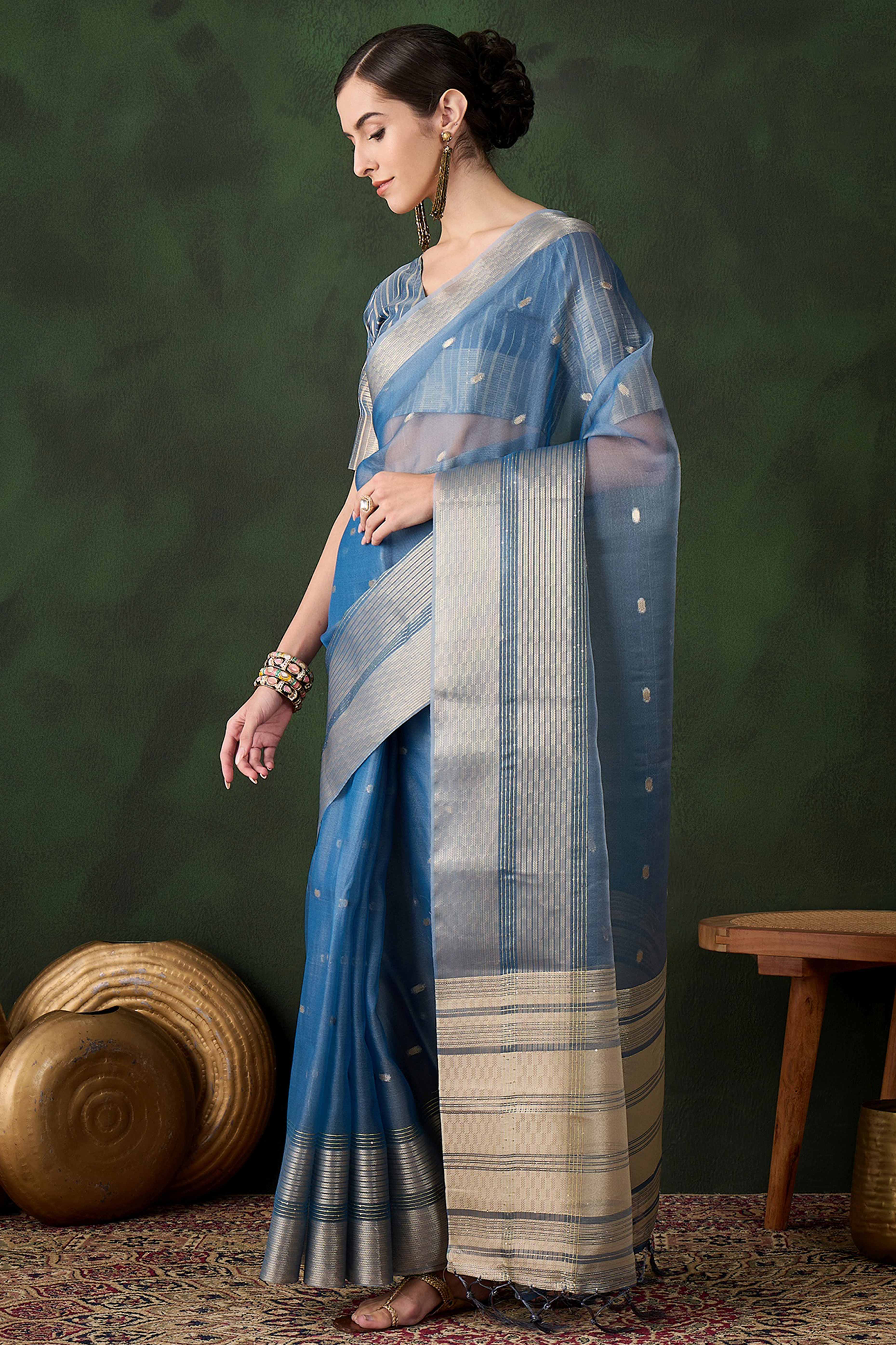 Blue Woven Khadi Organza Saree Embellished With Shimmering Sequins Work