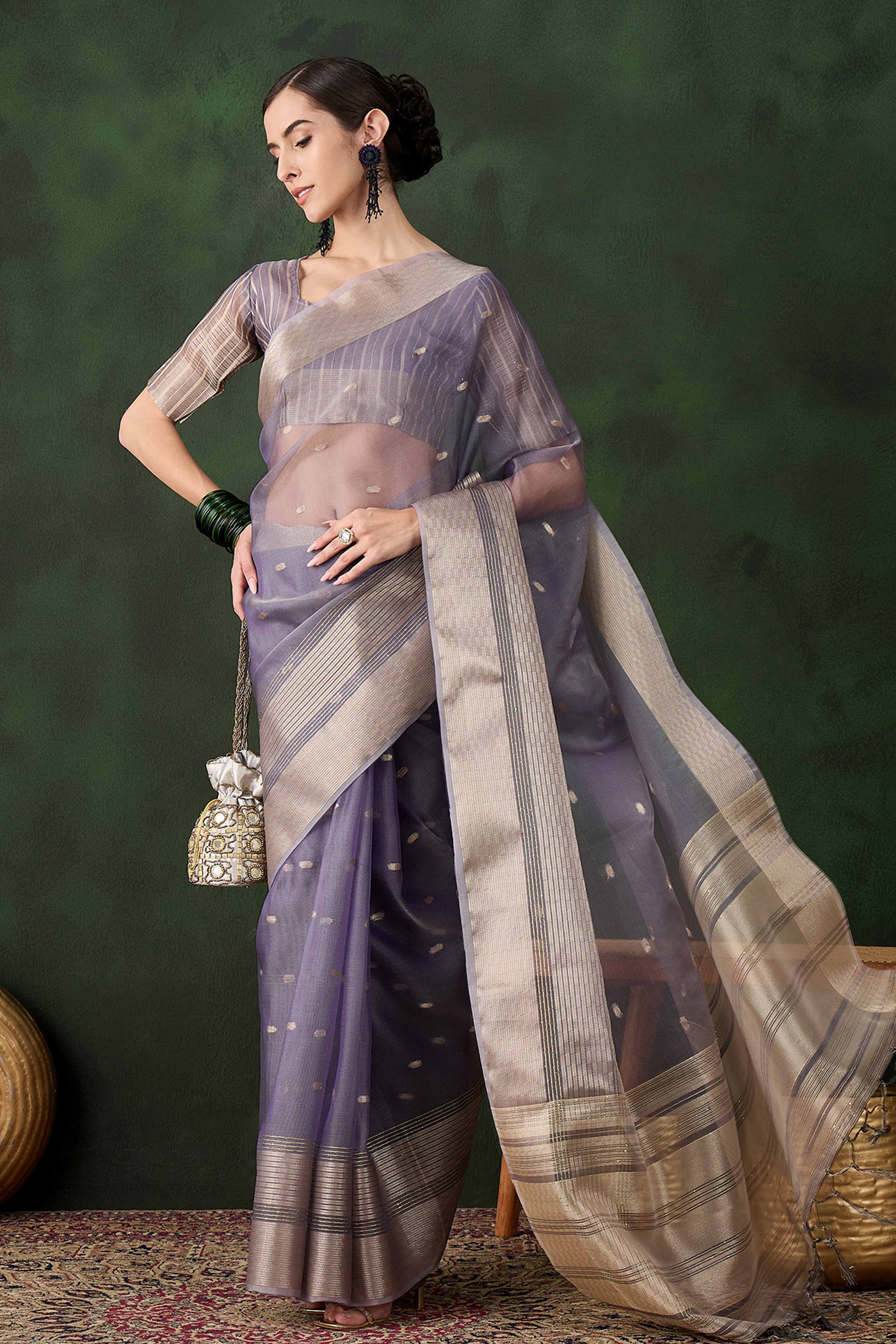 Lavender Woven Khadi Organza Saree Embellished With Shimmering Sequins Work
