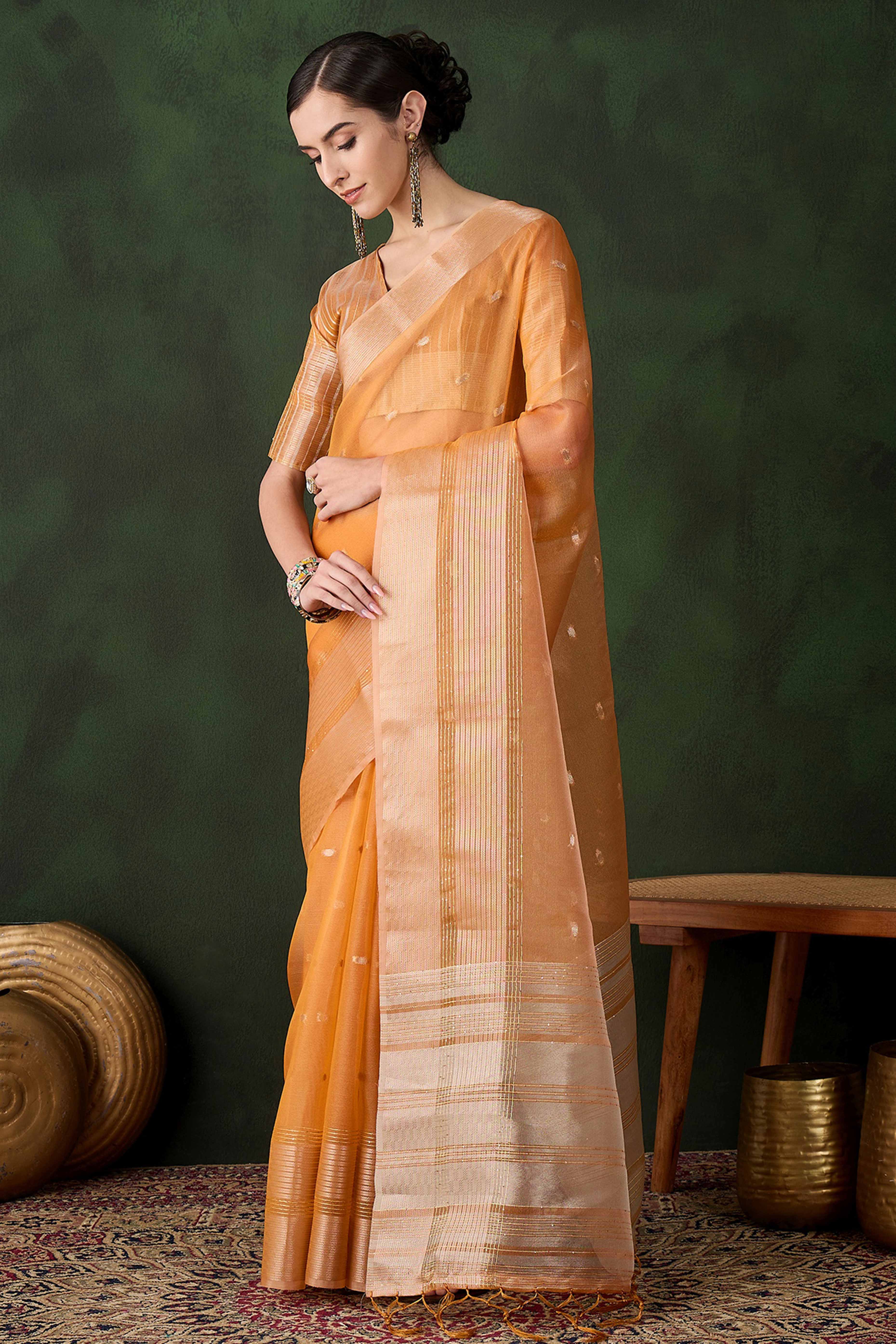 Orange Woven Khadi Organza Saree Embellished With Shimmering Sequins Work