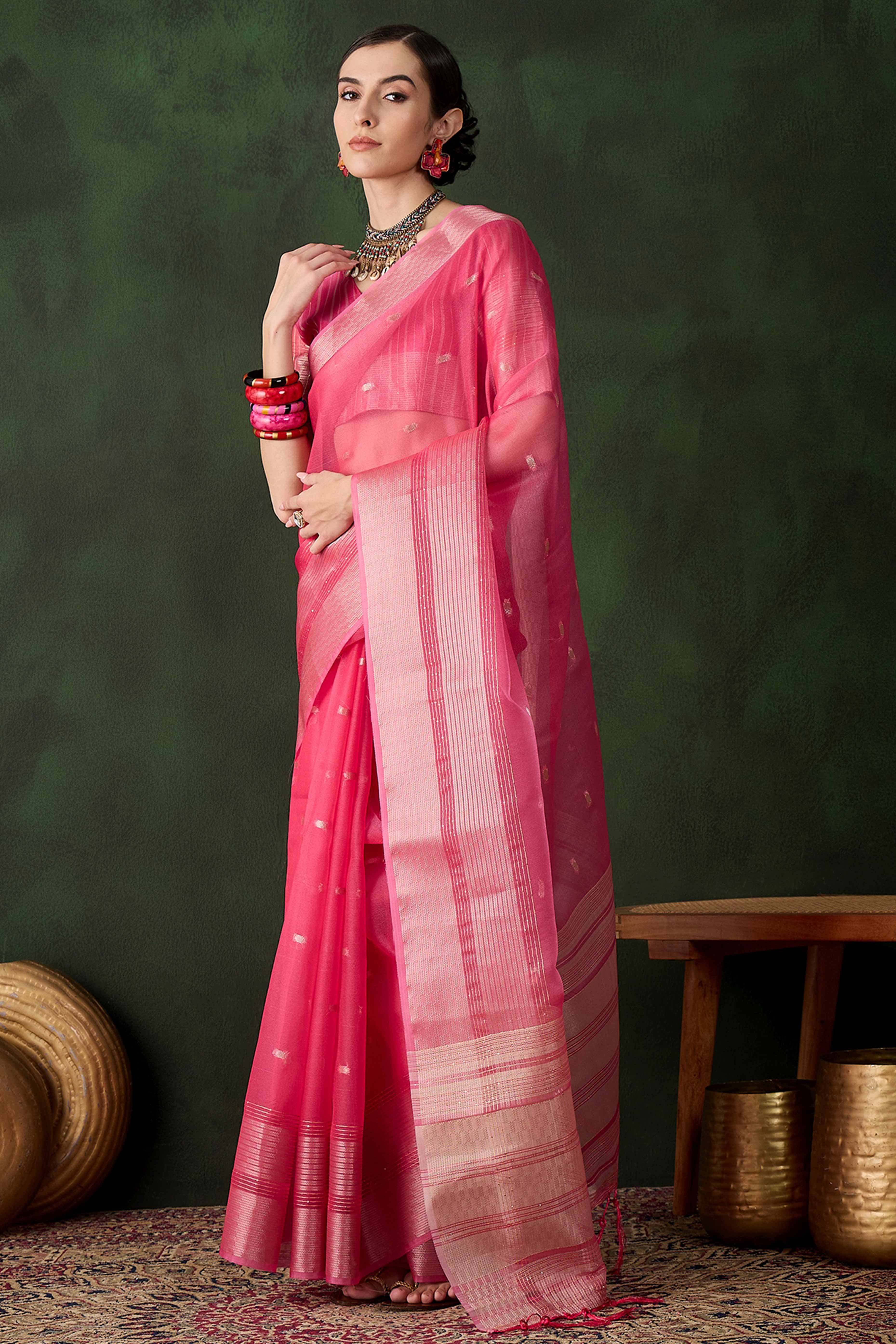 Pink Woven Khadi Organza Saree Embellished With Shimmering Sequins Work