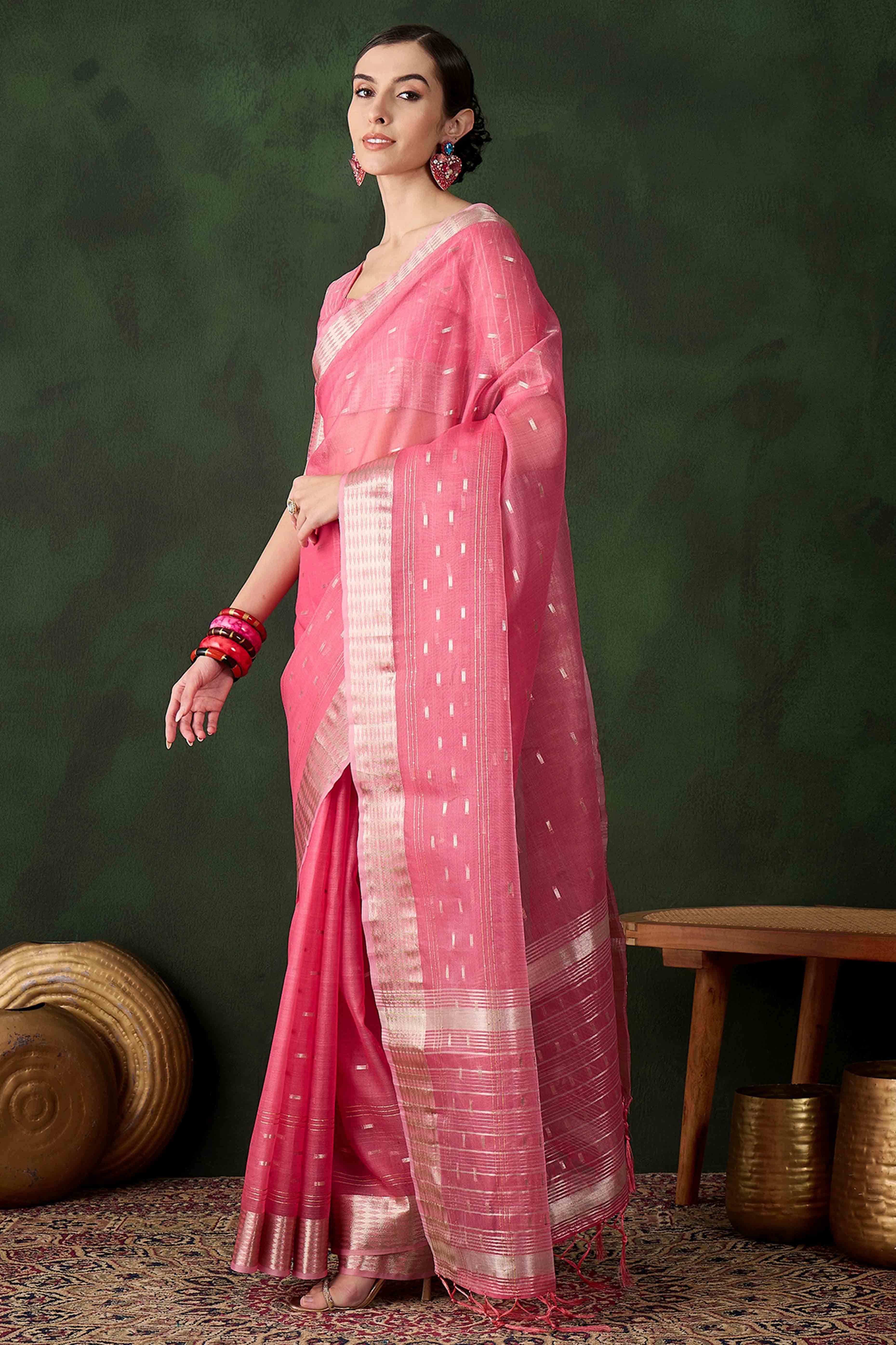 Pink Saree With Fine Zari Weaving on Khadi Organza and Tassel Detailing Pallu