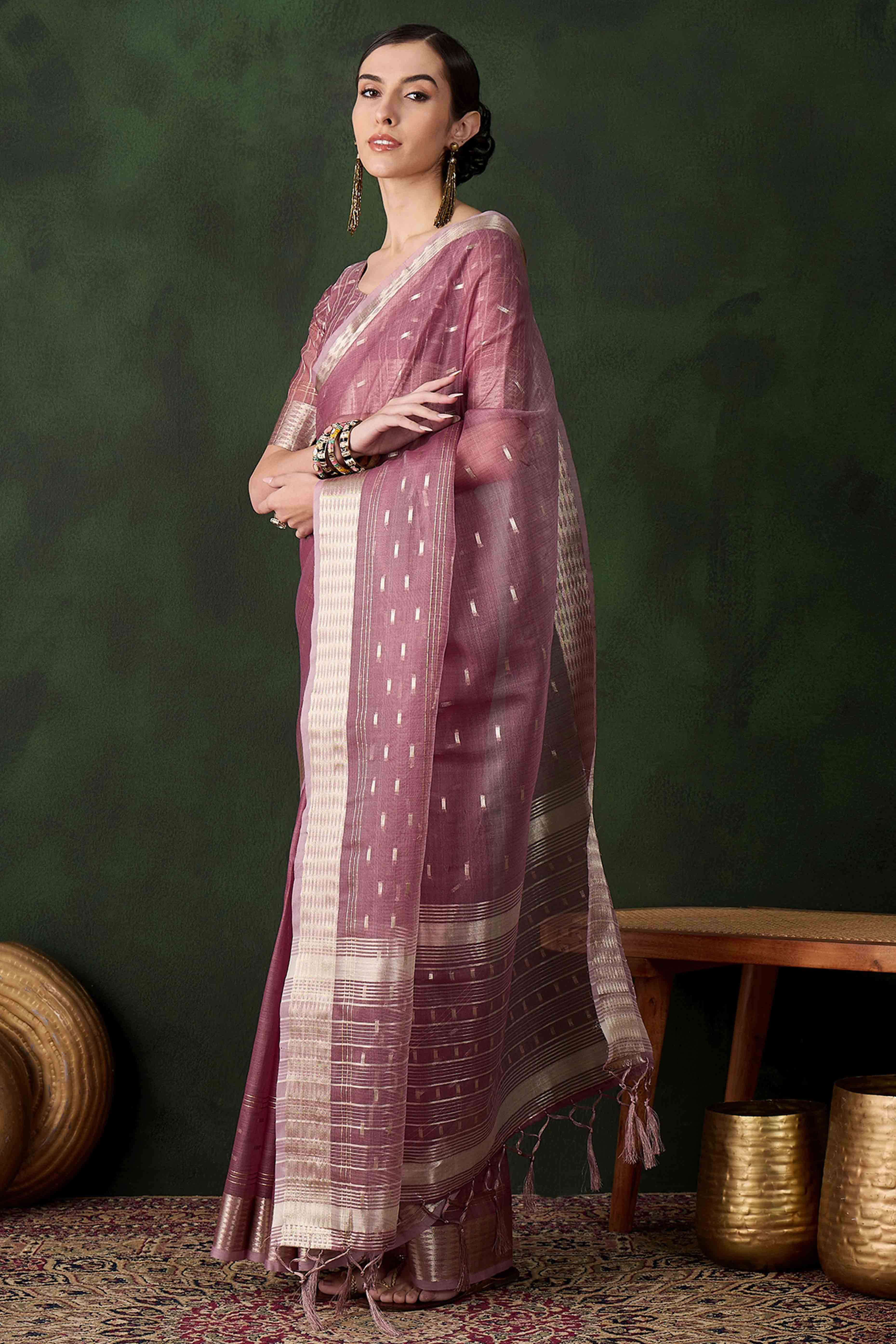 Wine Saree With Fine Zari Weaving on Khadi Organza and Tassel Detailing Pallu