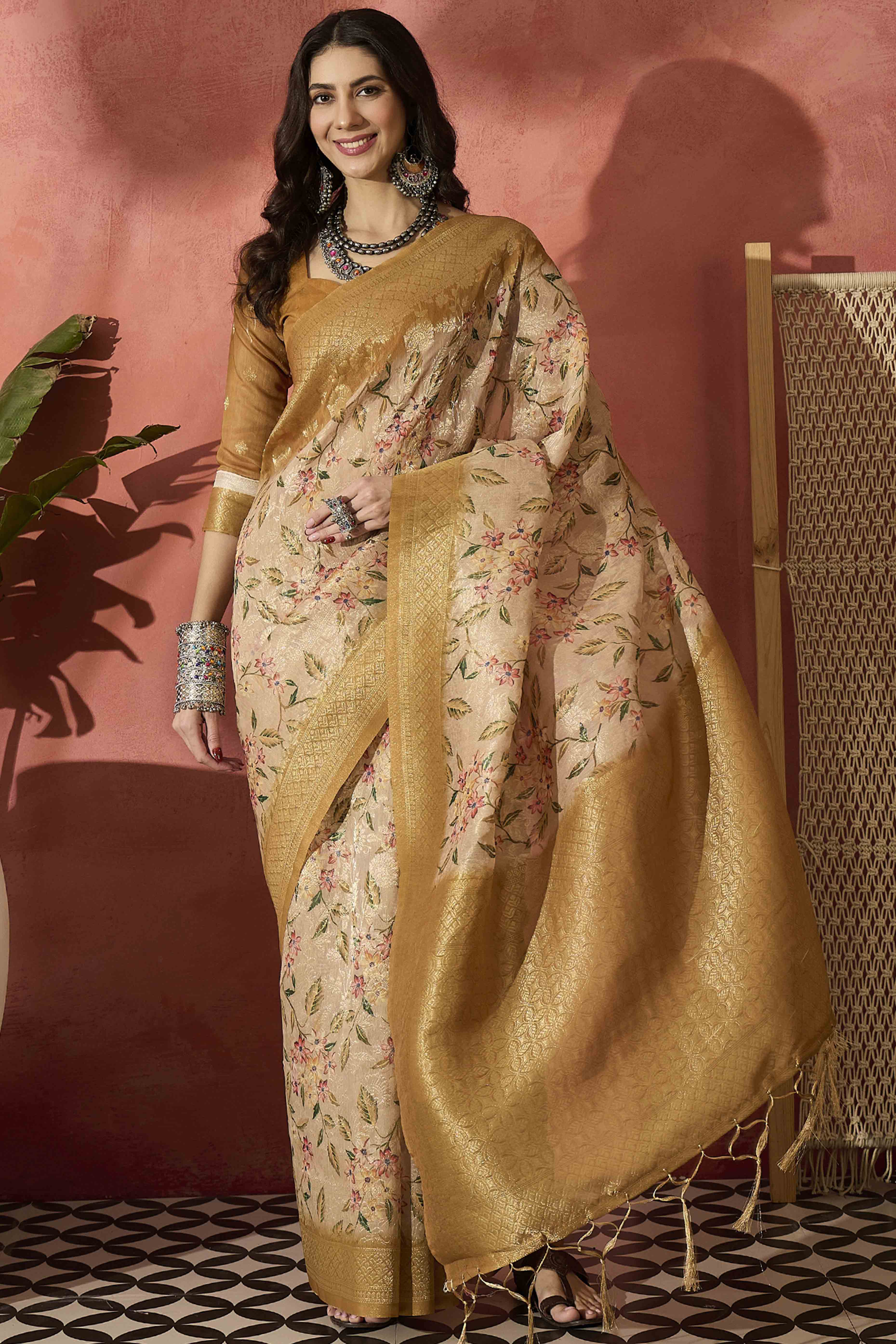 Cream Saree In Poly Cotton Featuring Intricate Floral Zari Weaving & Tassel Accents