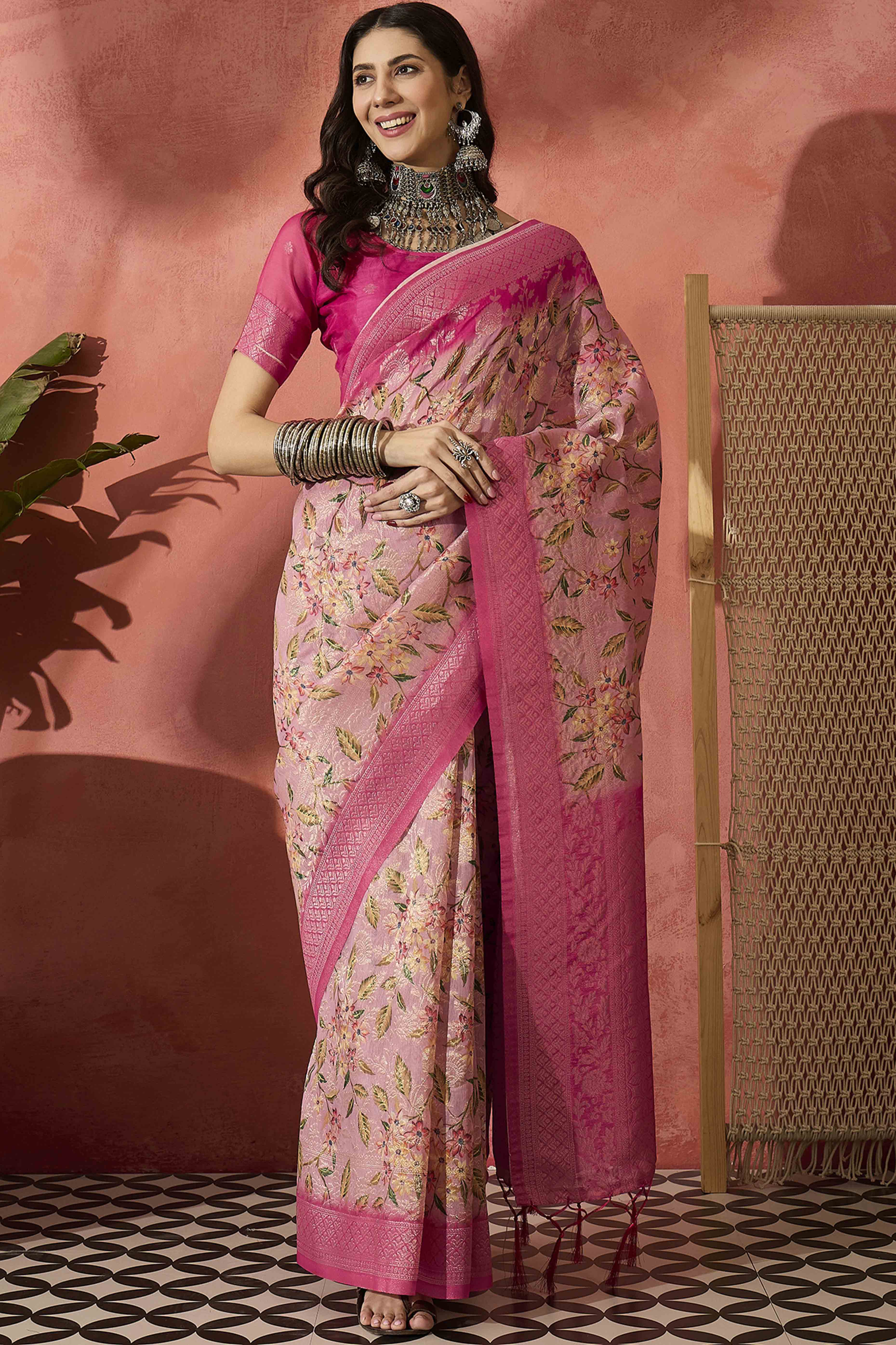 Pink Saree In Poly Cotton Featuring Intricate Floral Zari Weaving & Tassel Accents
